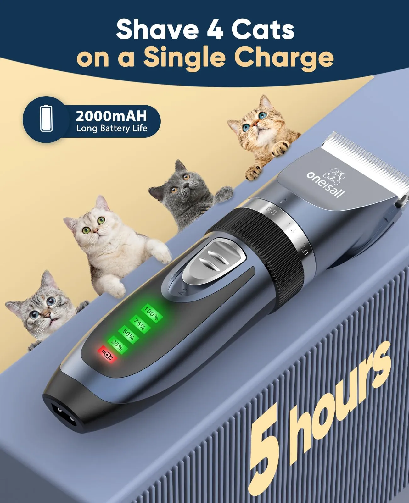 Oneisall Kit di Toelettatura per Gatti e Cani, Tosatrice Cordless Silenziosa a 2 Velocità (Blu) - immagine 5
