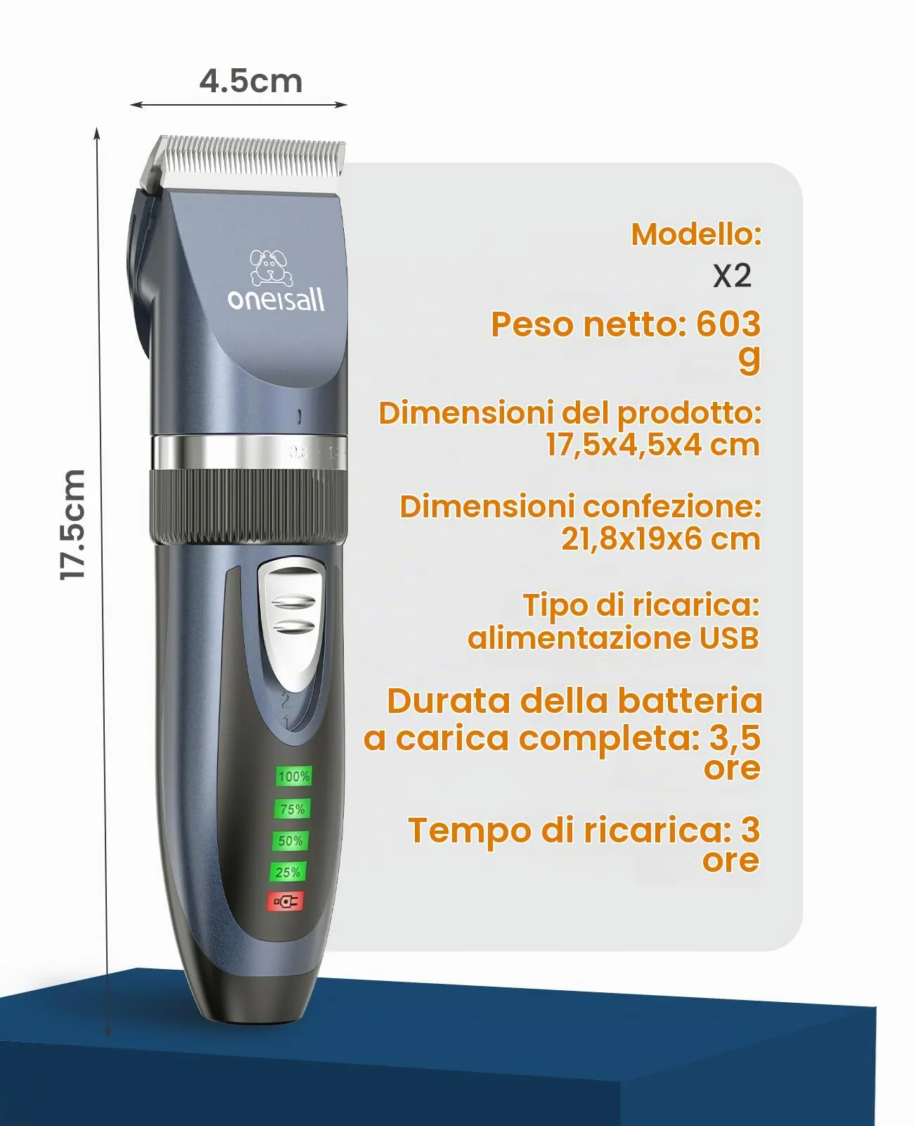 Oneisall Kit di Toelettatura per Gatti e Cani, Tosatrice Cordless Silenziosa a 2 Velocità (Blu) - immagine 7
