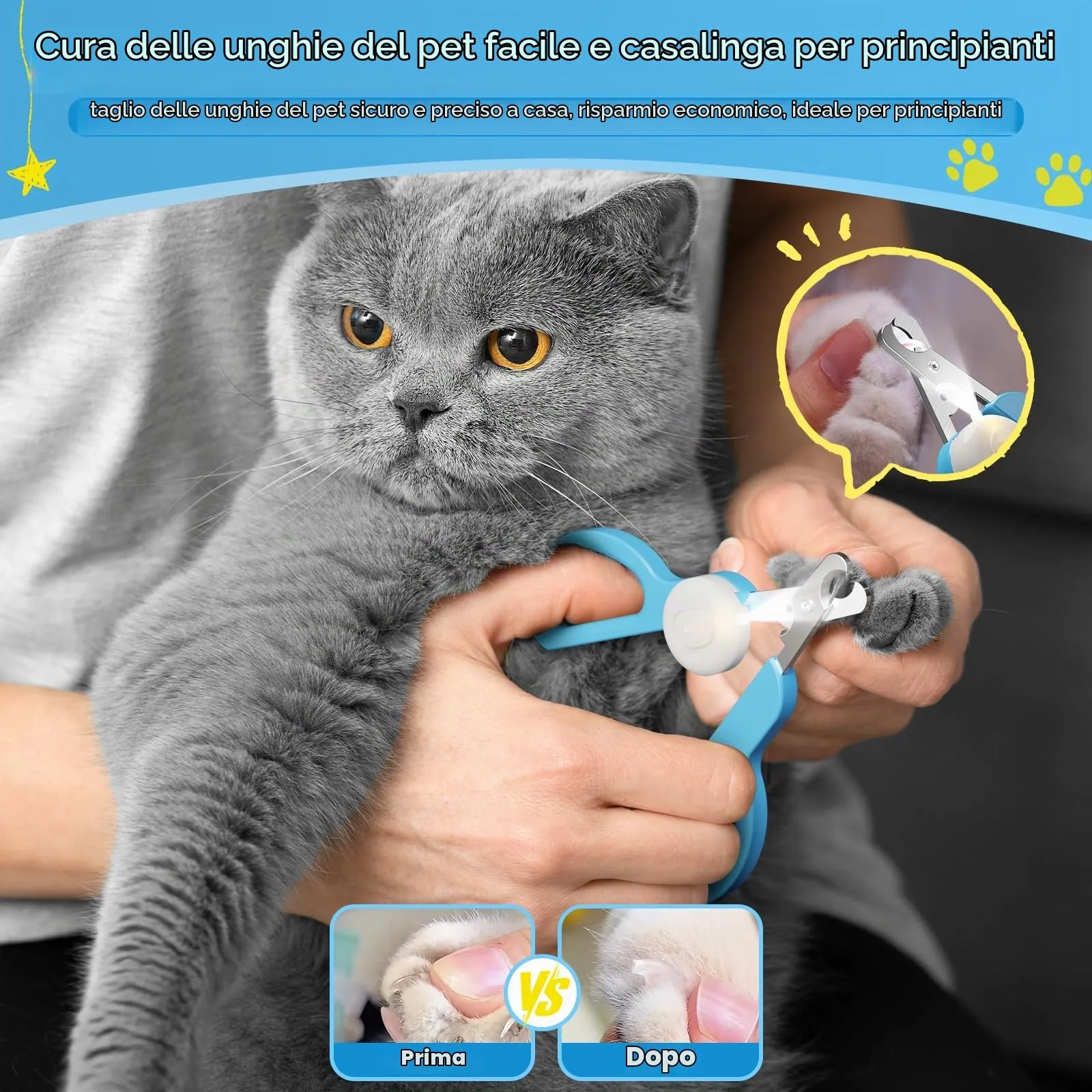 Euqvunn Tagliaunghie Professionale per Gatto, Doppia Lama con Illuminazione LED Rimovibile per Animali Piccoli e Medi (Blu Bianco) - immagine 2