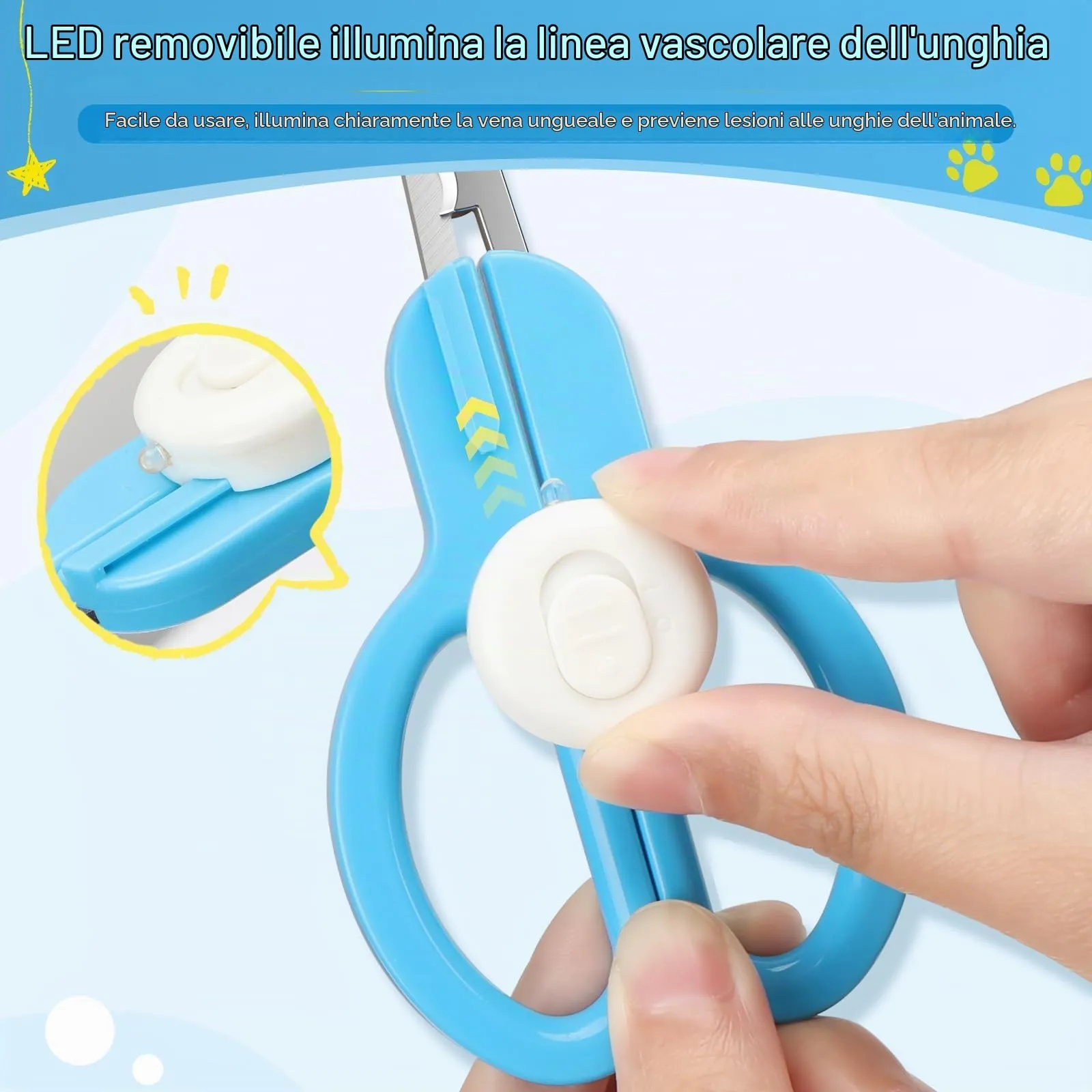 Euqvunn Tagliaunghie Professionale per Gatto, Doppia Lama con Illuminazione LED Rimovibile per Animali Piccoli e Medi (Blu Bianco) - immagine 6