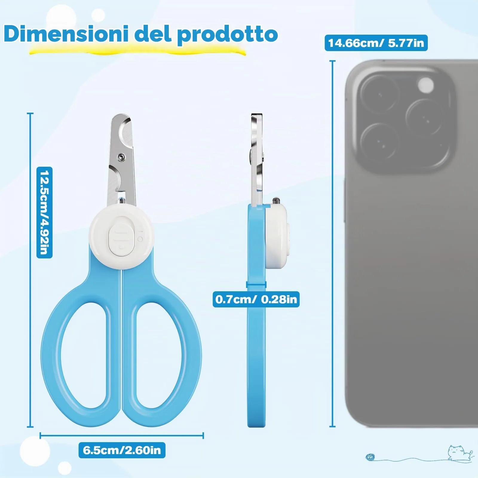 Euqvunn Tagliaunghie Professionale per Gatto, Doppia Lama con Illuminazione LED Rimovibile per Animali Piccoli e Medi (Blu Bianco) - immagine 7