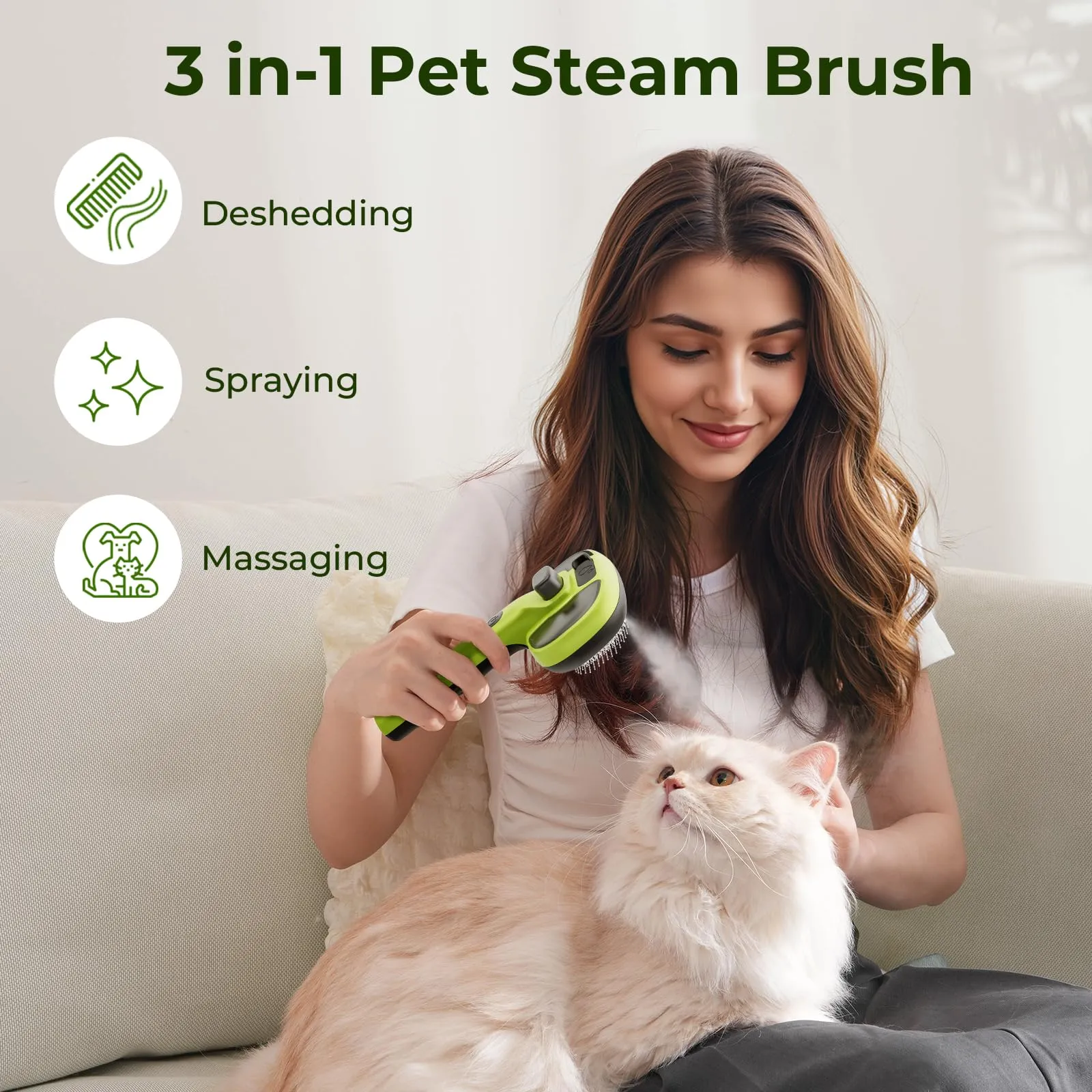 Pecute Spazzola a Vapore per Gatti e Cani, Nebbia Densa e Fine, Epilazione con Un Clic, Verde - immagine 2