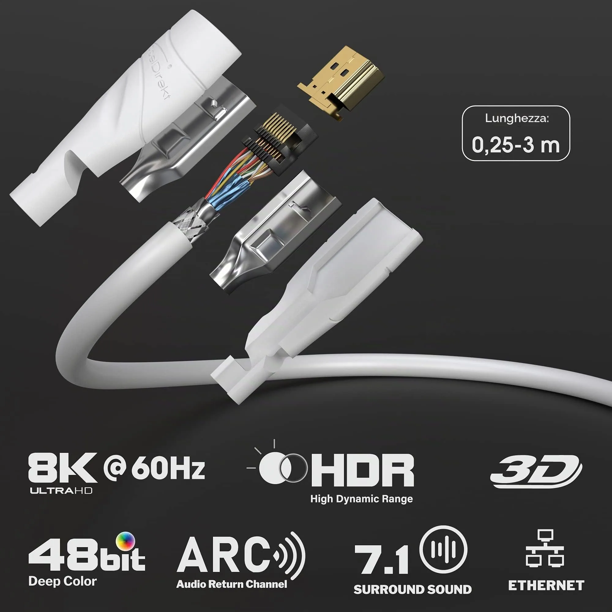 KabelDirekt HDMI 8K & 4K Cable, 2m, White - immagine 2