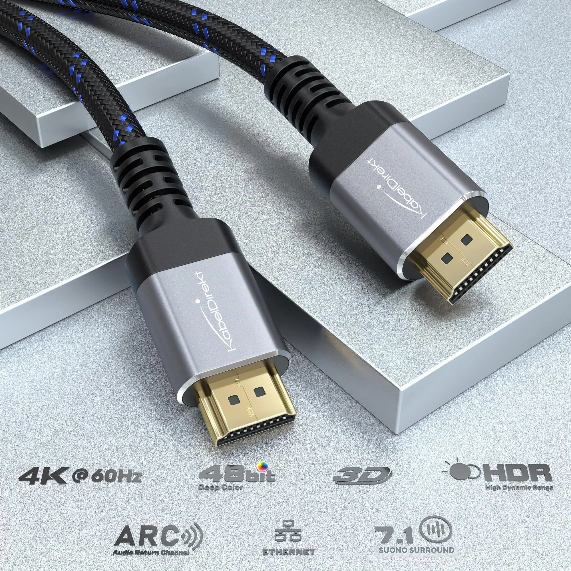 KabelDirekt HDMI 8K/4K Cable, 5m, Blue, Nylon and Metal - immagine 2