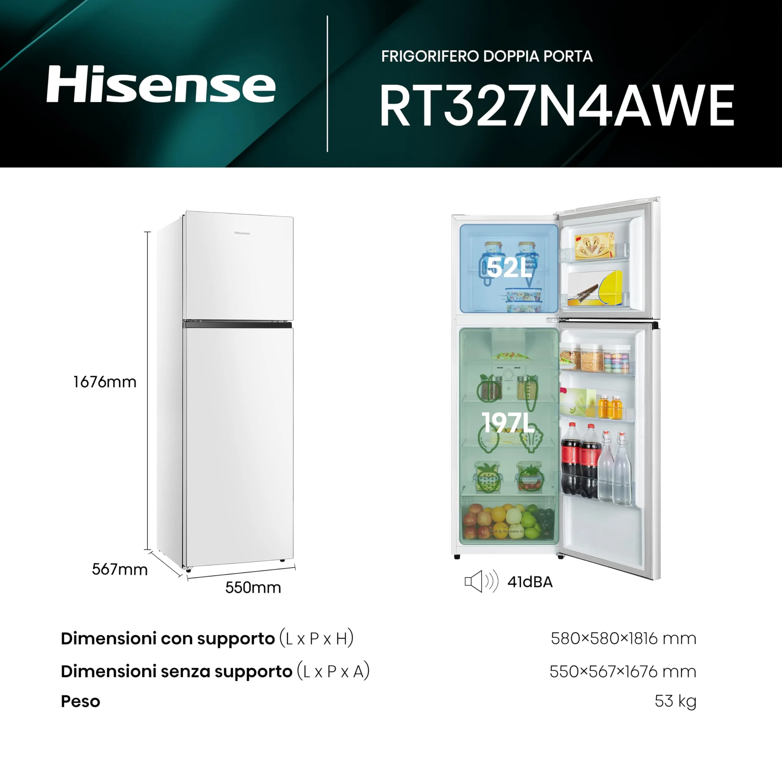 Hisense RT327N4AWE Frigorifero Doppia Porta Total No Frost, Multi Air Flow, 55 cm, Bianco, 249 L - immagine 2