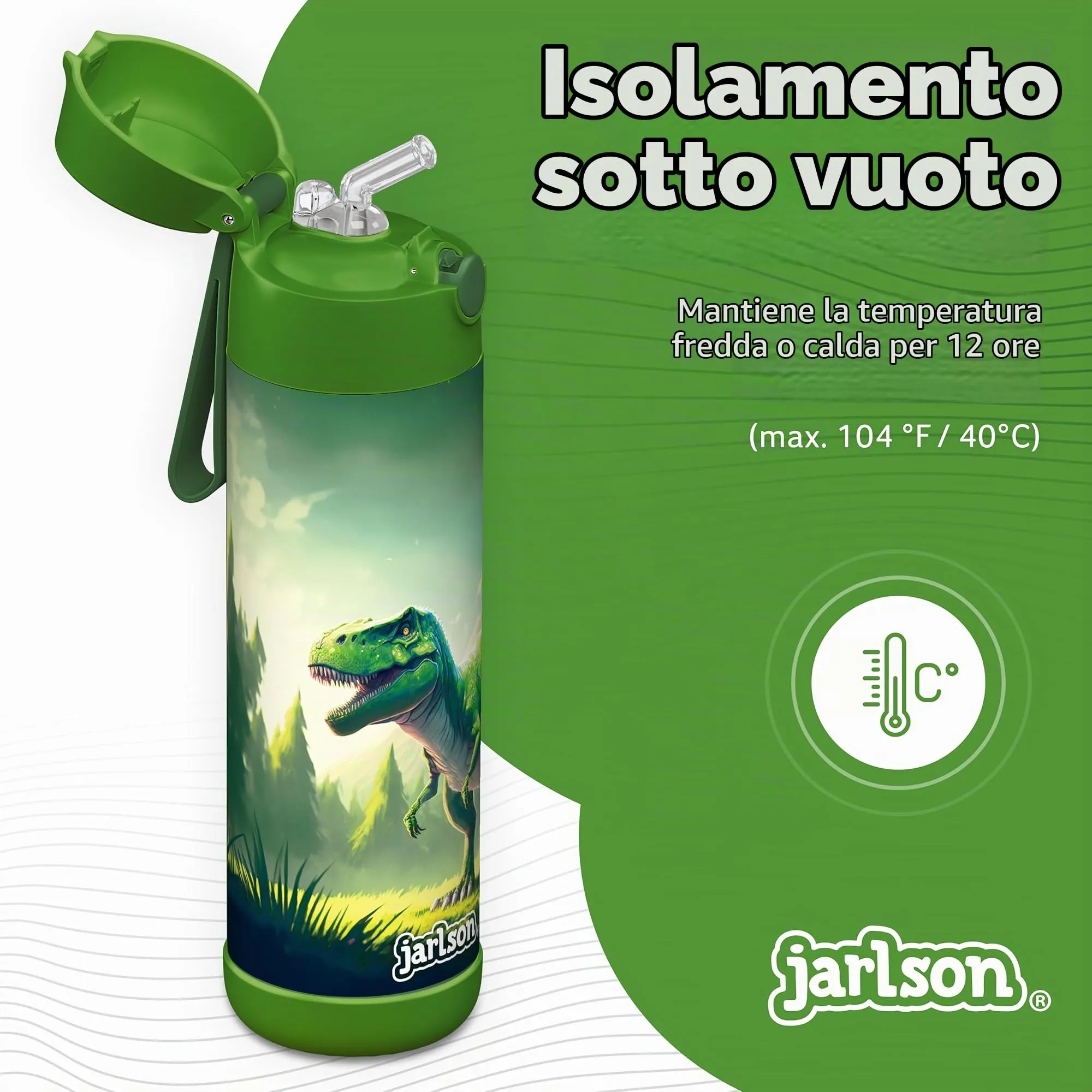 Jarlson Borraccia Termica Bambini Charli 500ml con Cannuccia, Acciaio Inox, Dinosauro - immagine 2