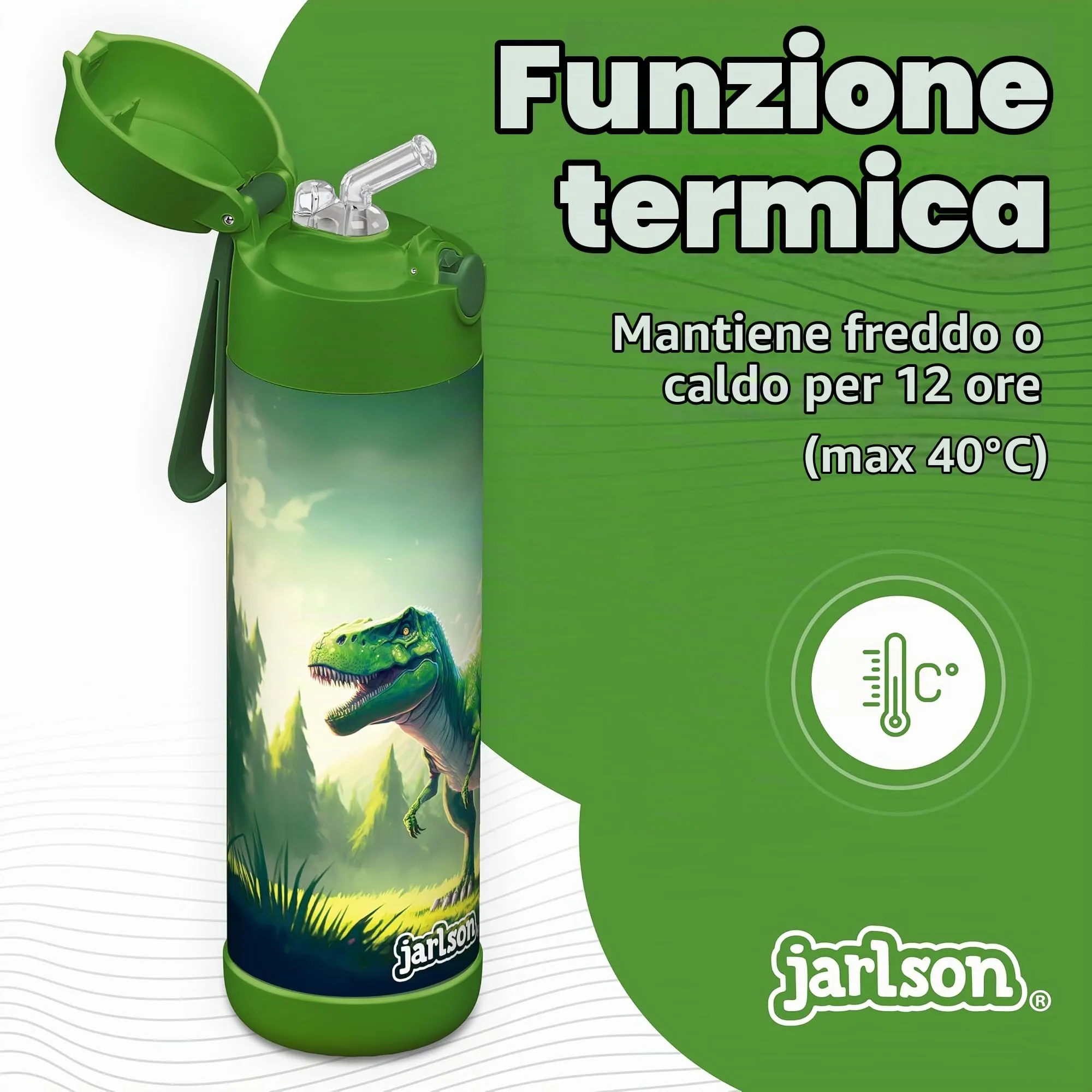 Jarlson Borraccia Termica Bambini Charli 500ml con Cannuccia, Acciaio Inox, Dinosauro - immagine 3