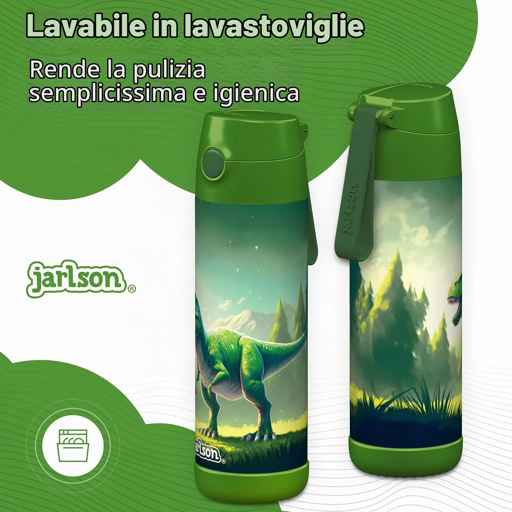 Jarlson Borraccia Termica Bambini Charli 500ml con Cannuccia, Acciaio Inox, Dinosauro - immagine 4