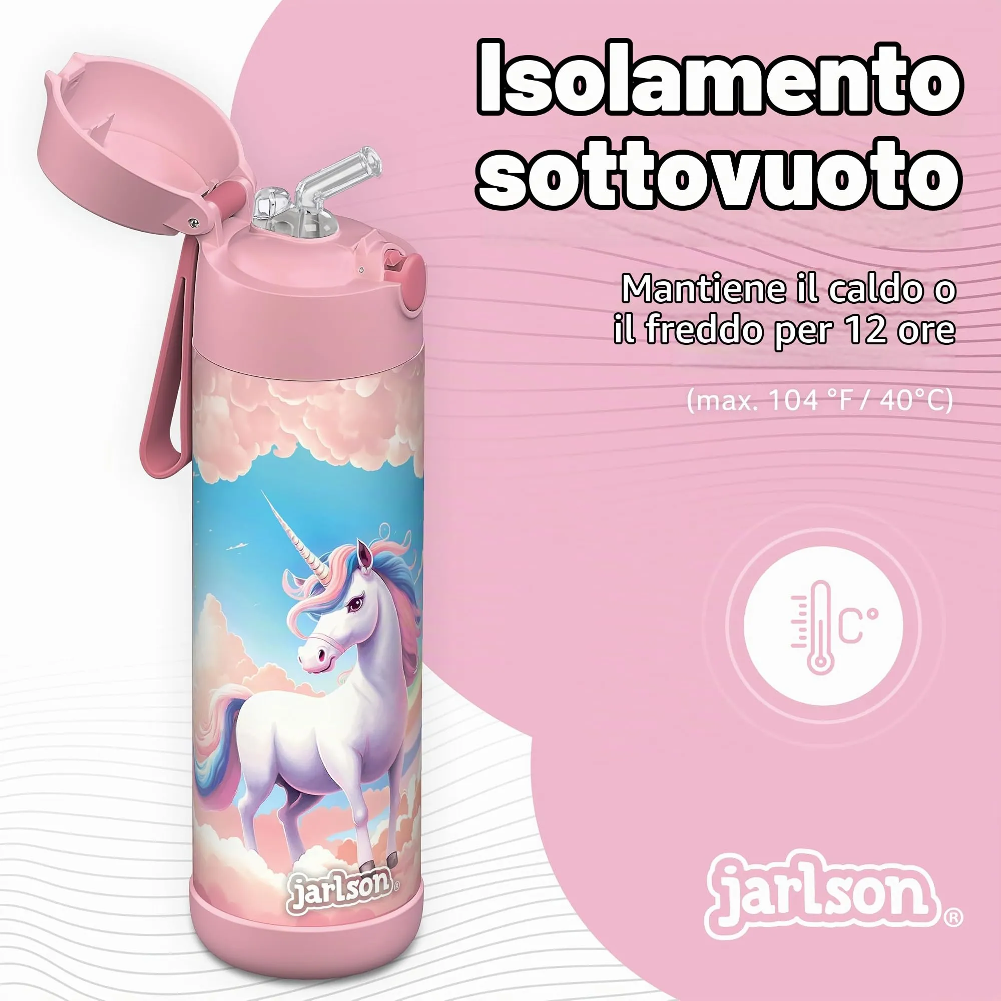 Jarlson Borraccia Termica Bambini Charli 500ml con Cannuccia in Acciaio Inox, Unicorno - immagine 2