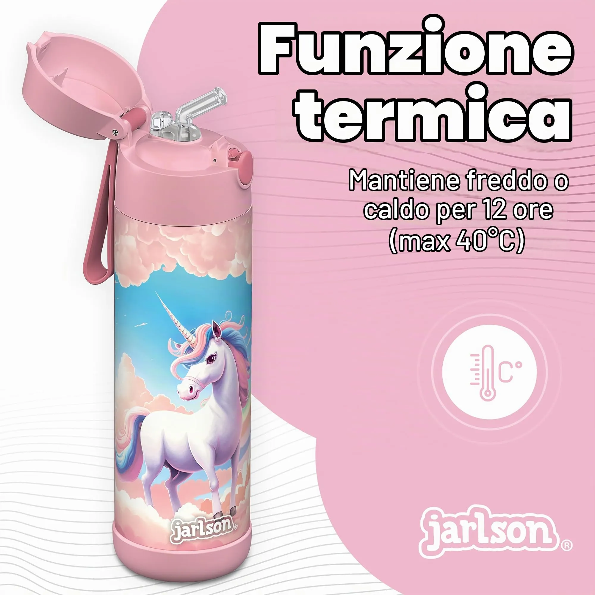Jarlson Borraccia Termica Bambini Charli 500ml con Cannuccia in Acciaio Inox, Unicorno - immagine 3