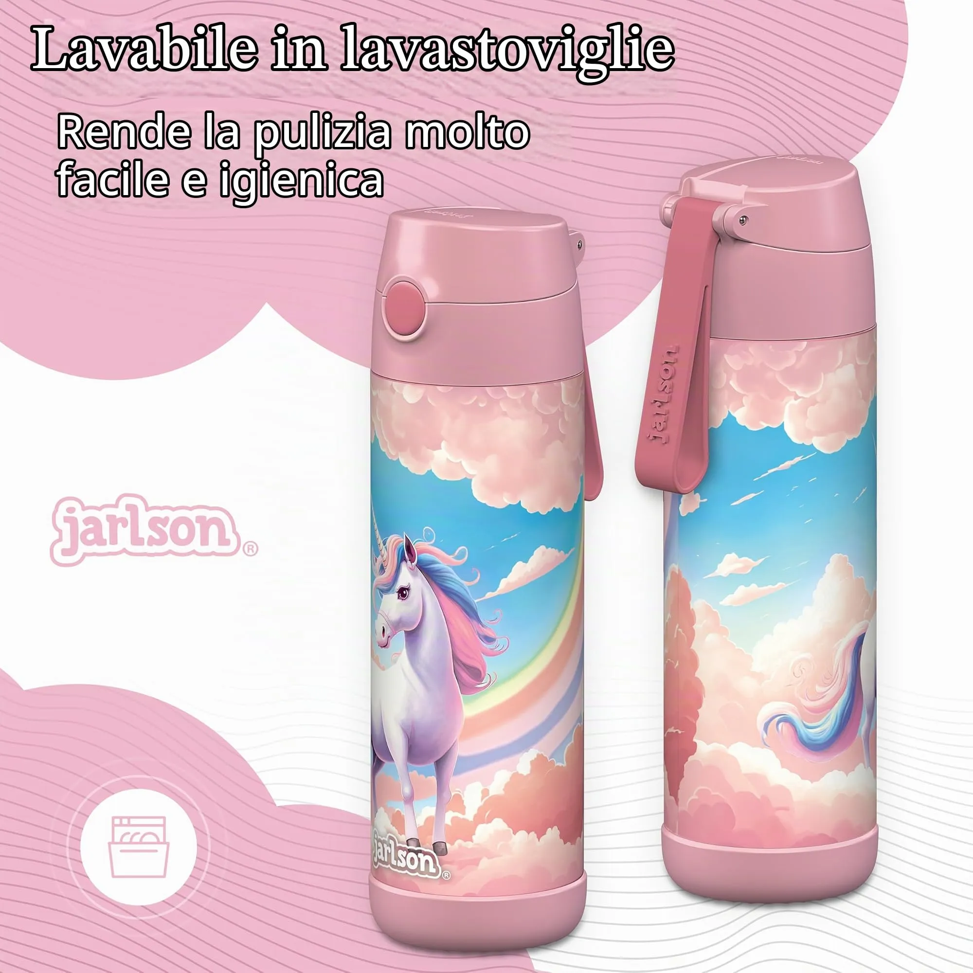 Jarlson Borraccia Termica Bambini Charli 500ml con Cannuccia in Acciaio Inox, Unicorno - immagine 4