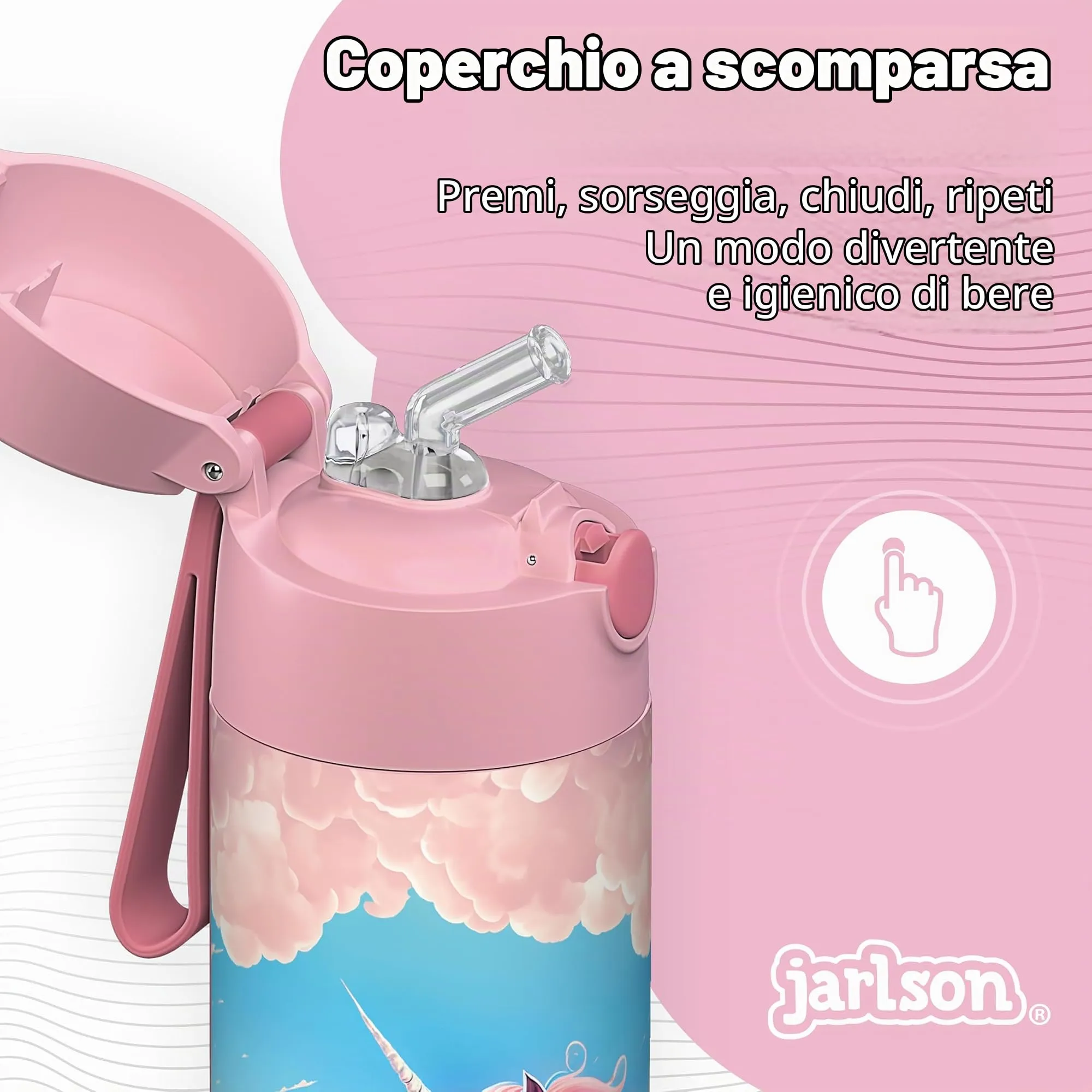 Jarlson Borraccia Termica Bambini Charli 500ml con Cannuccia in Acciaio Inox, Unicorno - immagine 5