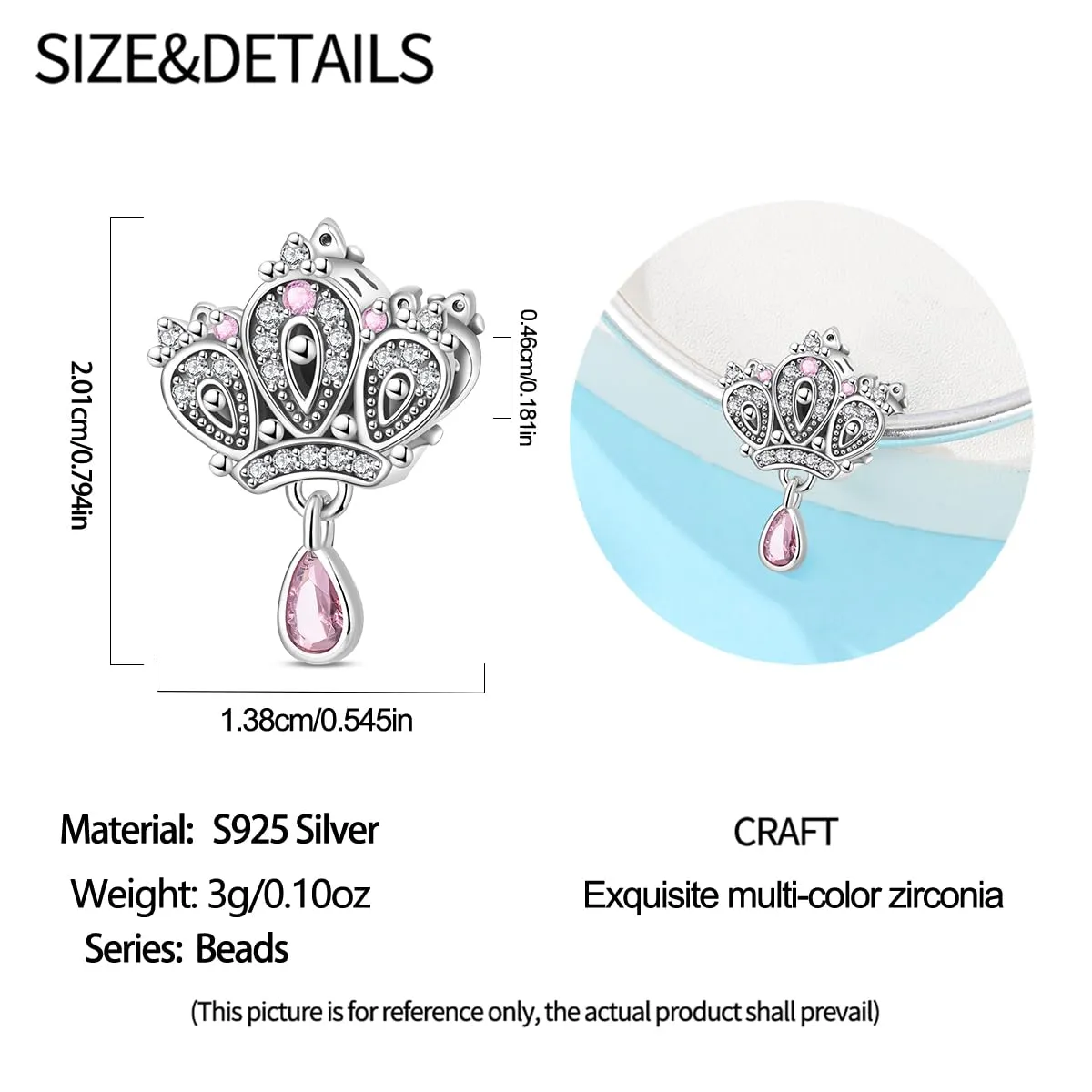 TINSLO Bead Charm in Argento Sterling 925 con Cubic Zirconia, Compatibile con Braccialetti e Collane Pandora e Europei - immagine 5