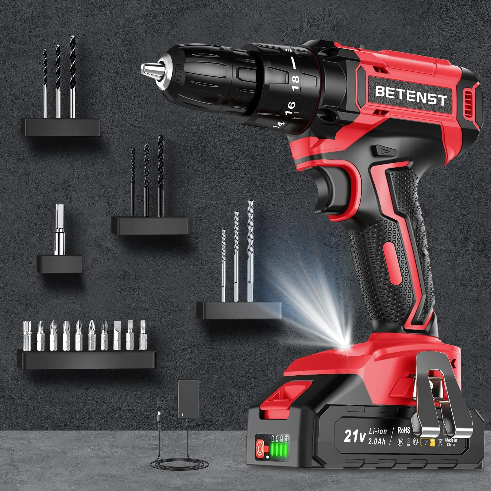 BETENST Avvitatore a Batteria 21V, Trapano 2000mAh, 18+1 Coppia, 2 Velocità, LED - immagine 9