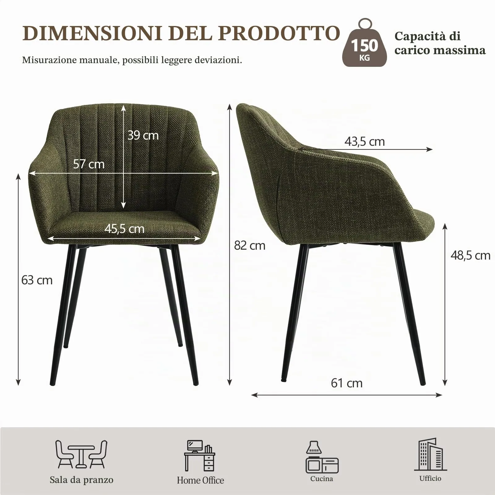 Goeurvant Set di 2 Sedie da Pranzo con Braccioli, Poltroncina Imbottita in Lino, Gambe in Metallo, Verde Oliva - immagine 3
