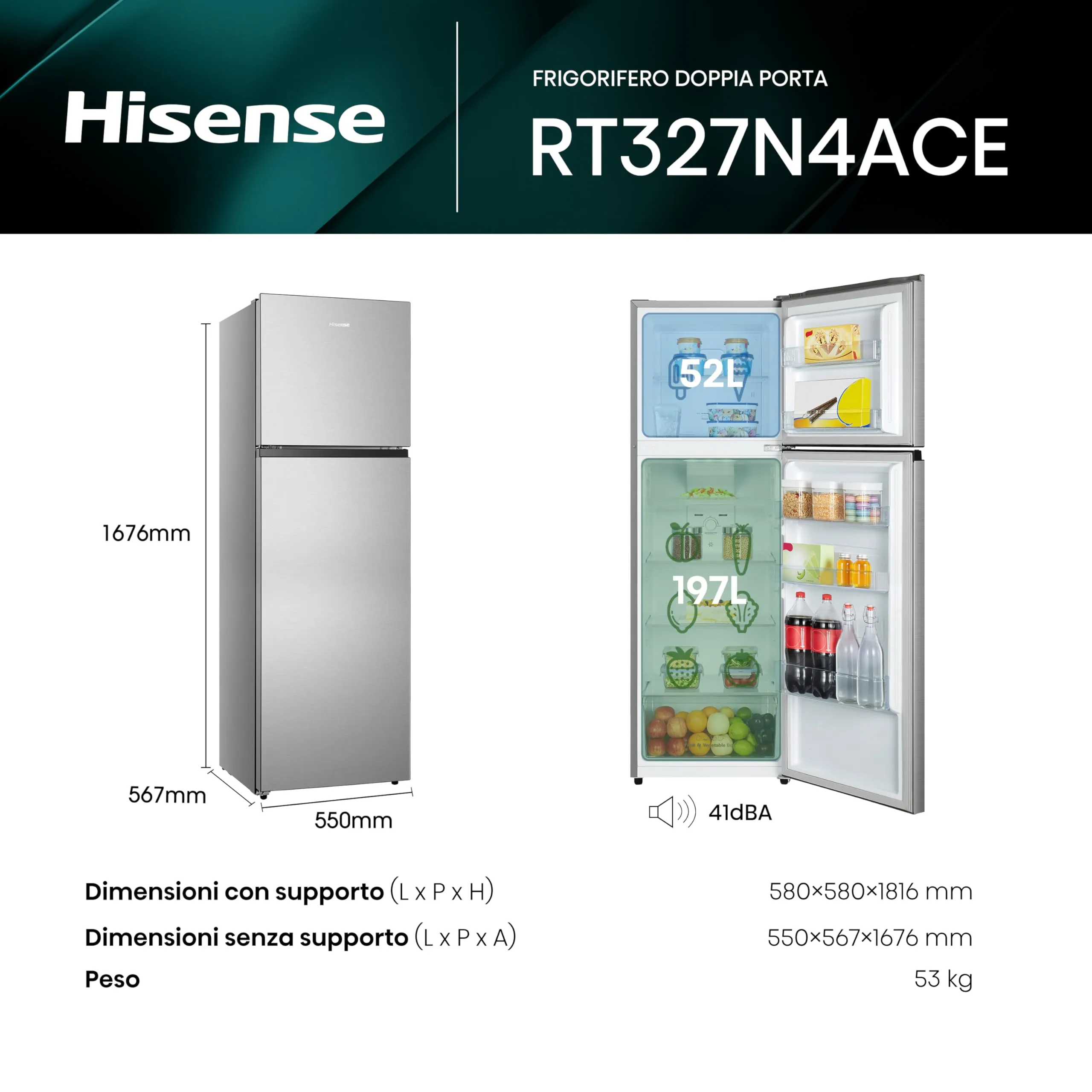 Hisense RT327N4ACE Frigorifero Doppia Porta Total No Frost Multi Air Flow, 55 cm, Inox, 249 L - immagine 2