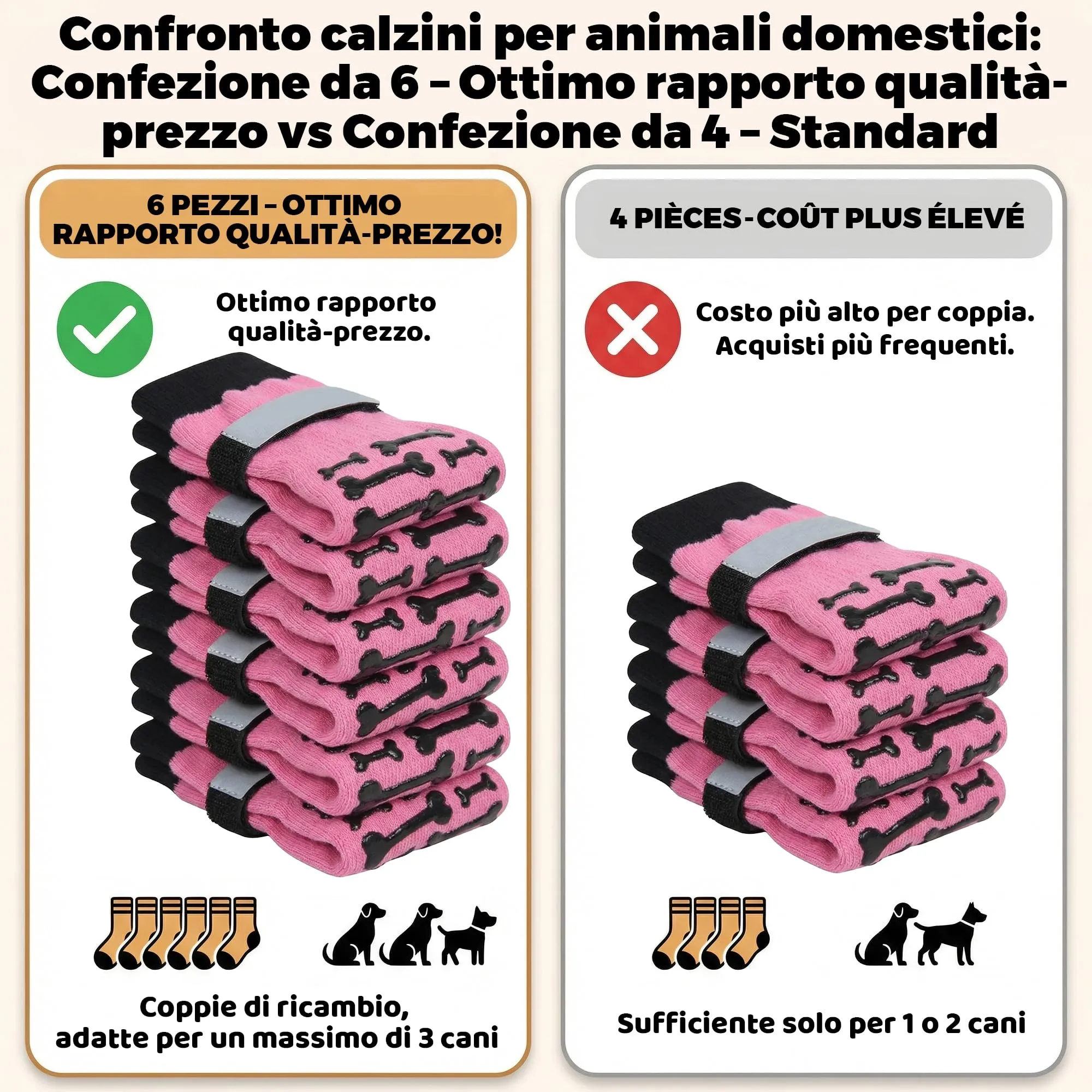 Fantasreen Calzini Antiscivolo per Cani con Osso, 6 Pezzi, Rosa, L - immagine 5