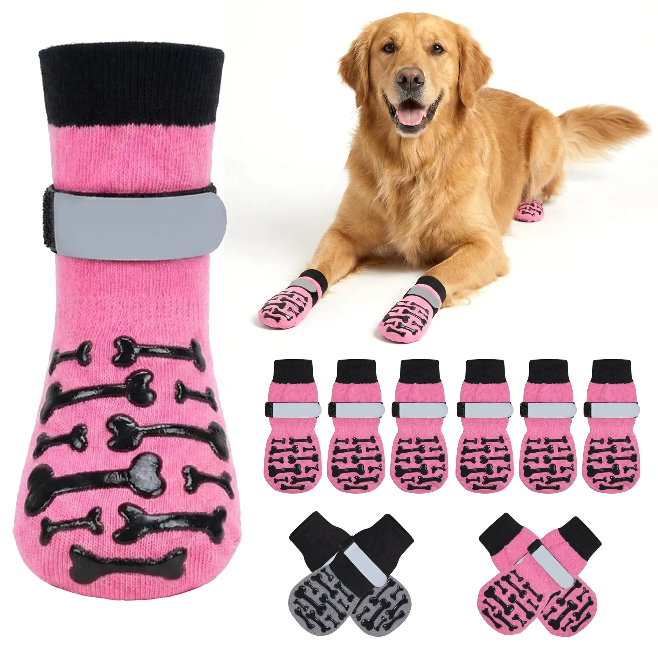 Fantasreen Calzini Antiscivolo per Cani con Osso, 6 Pezzi, Rosa, S - immagine 1