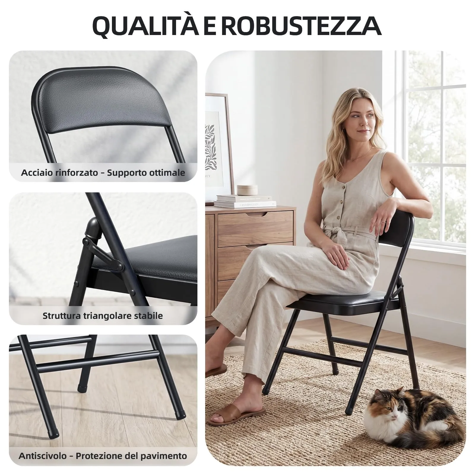 Asdsed Set di 2 Sedie Pieghevoli Imbottite, Nero - immagine 3