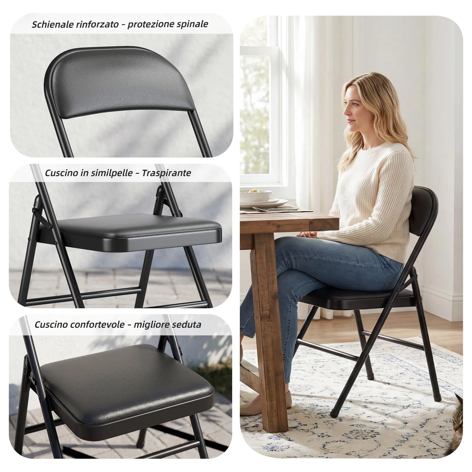 Asdsed Set di 2 Sedie Pieghevoli Imbottite, Nero - immagine 4