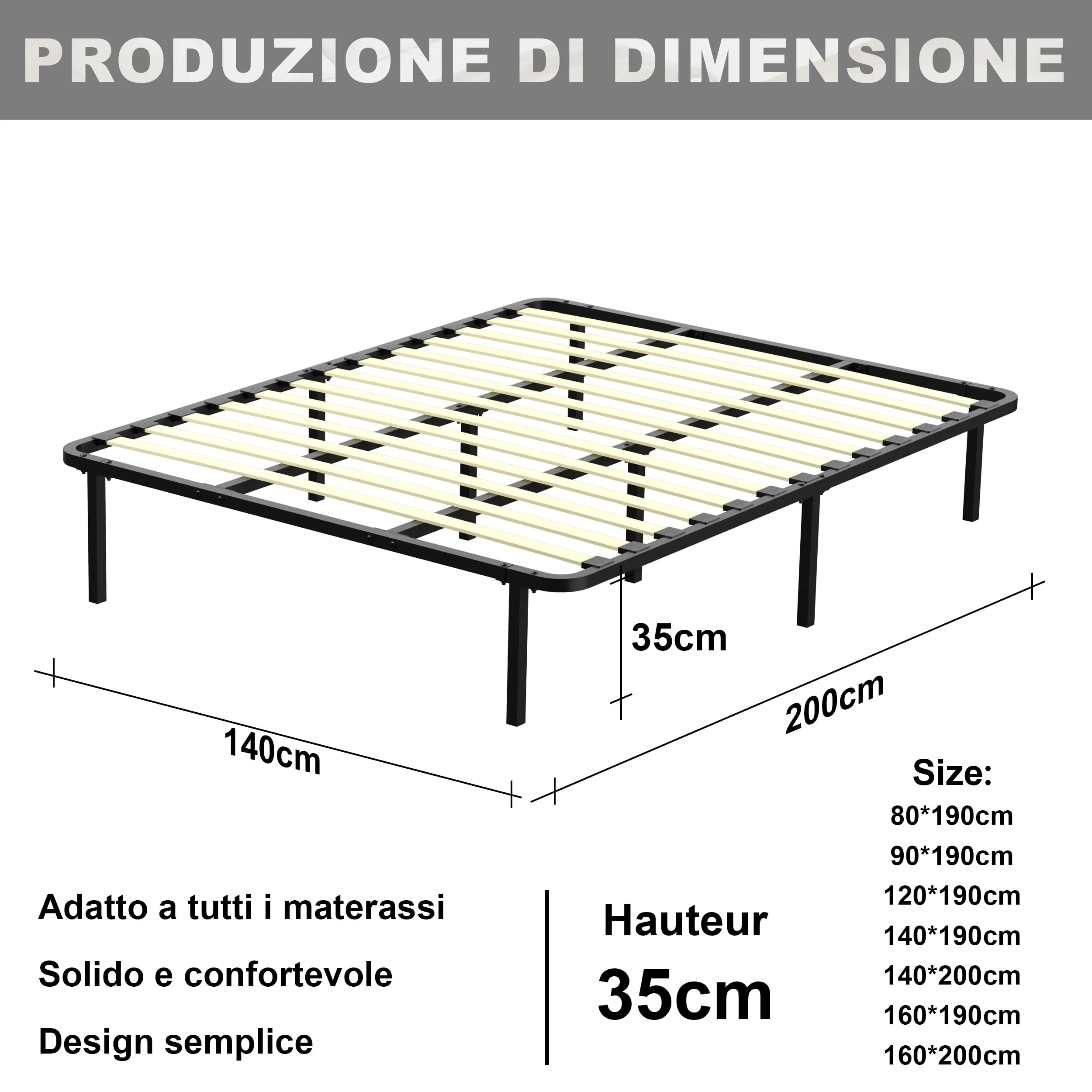DEWINNER Rete Letto Matrimoniale 140x200cm, Altezza 35 cm, 13 Doghe in Legno Pioppo Ortopedica con 8 Piedi - immagine 2