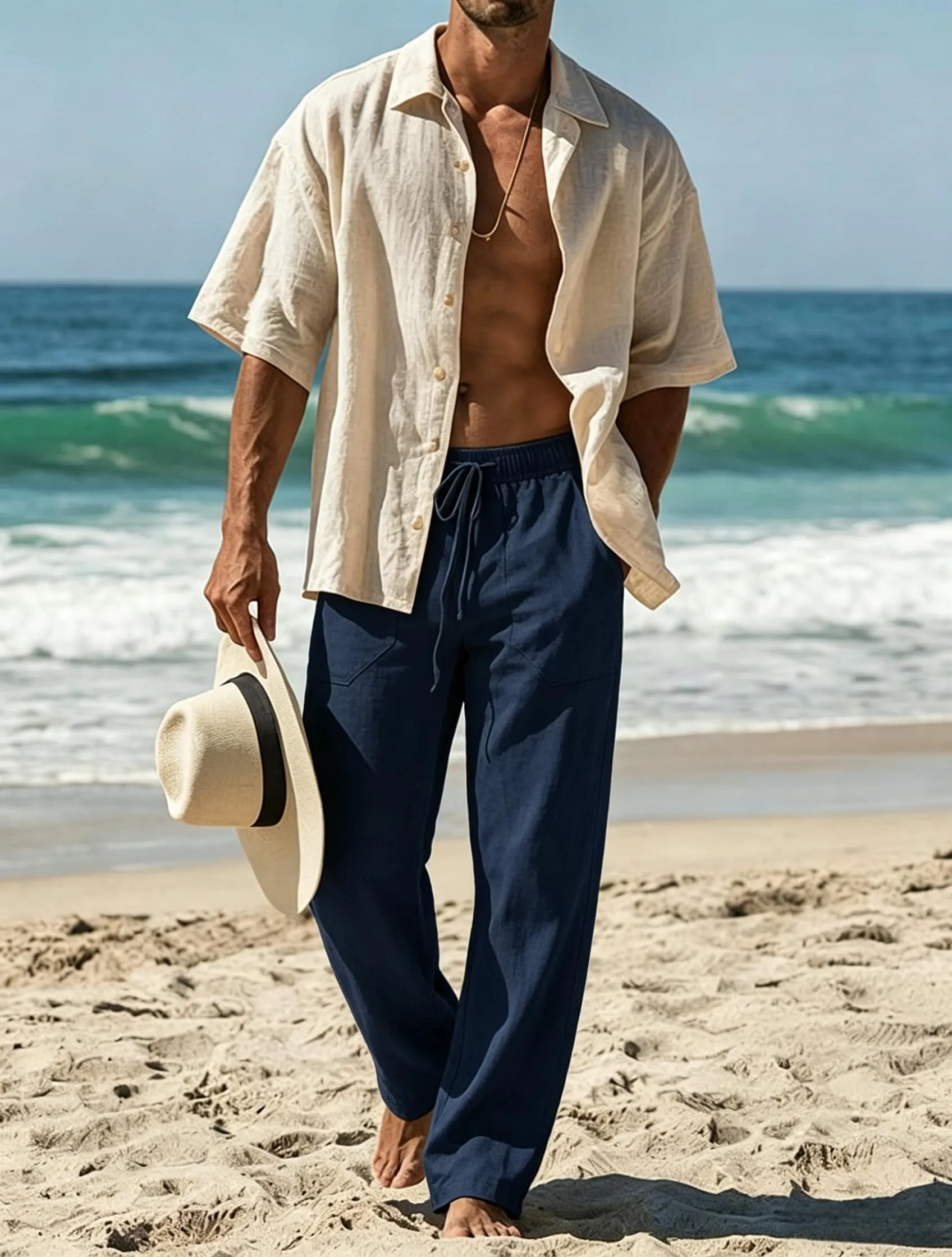 Cegerne Pantaloni in Lino e Cotone Uomo Vestibilità Ampia Casual con Coulisse, Blu Marino, M - immagine 2