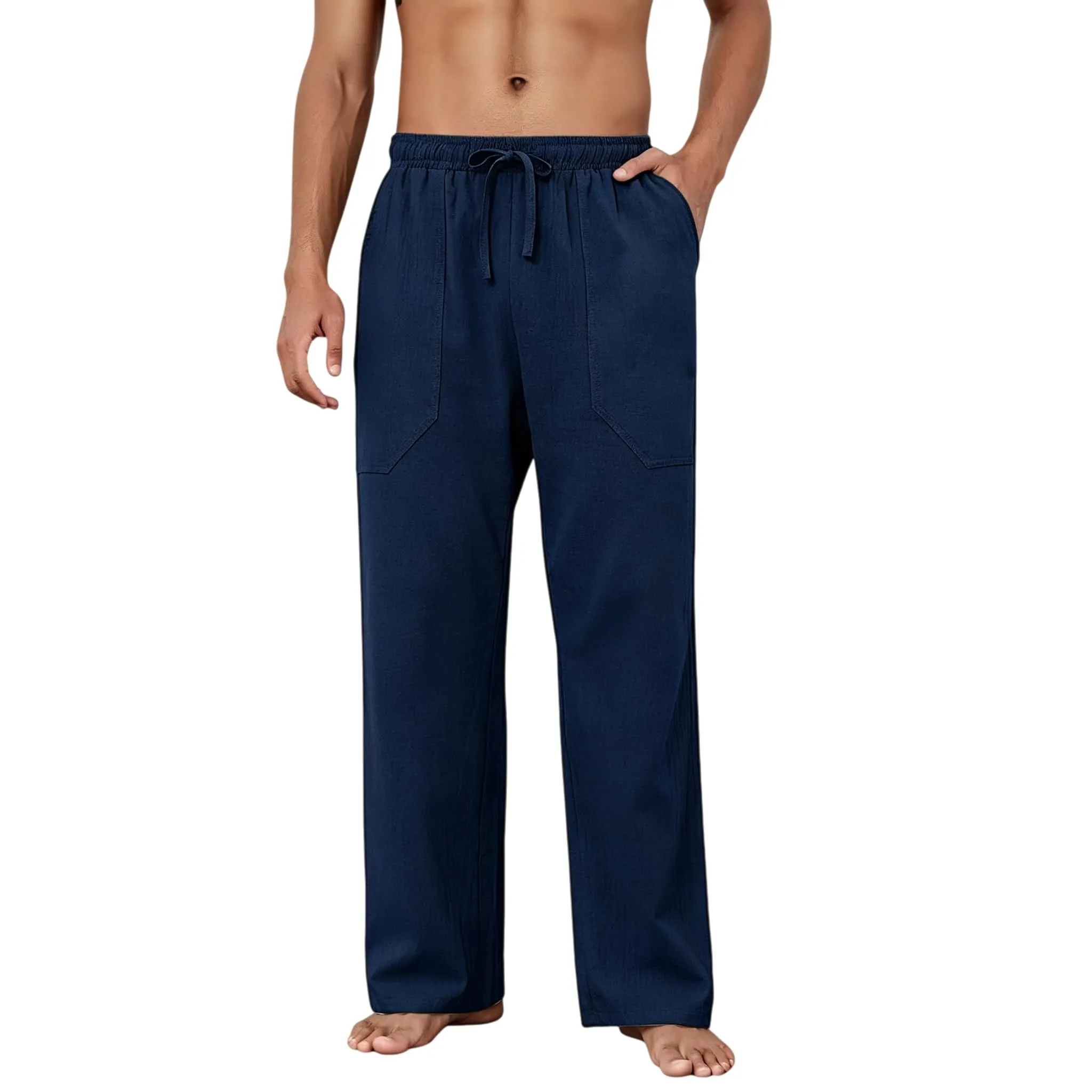 Cegerne Pantaloni in Lino e Cotone Uomo Vestibilità Ampia Casual con Coulisse, Blu Marino, M - immagine 5