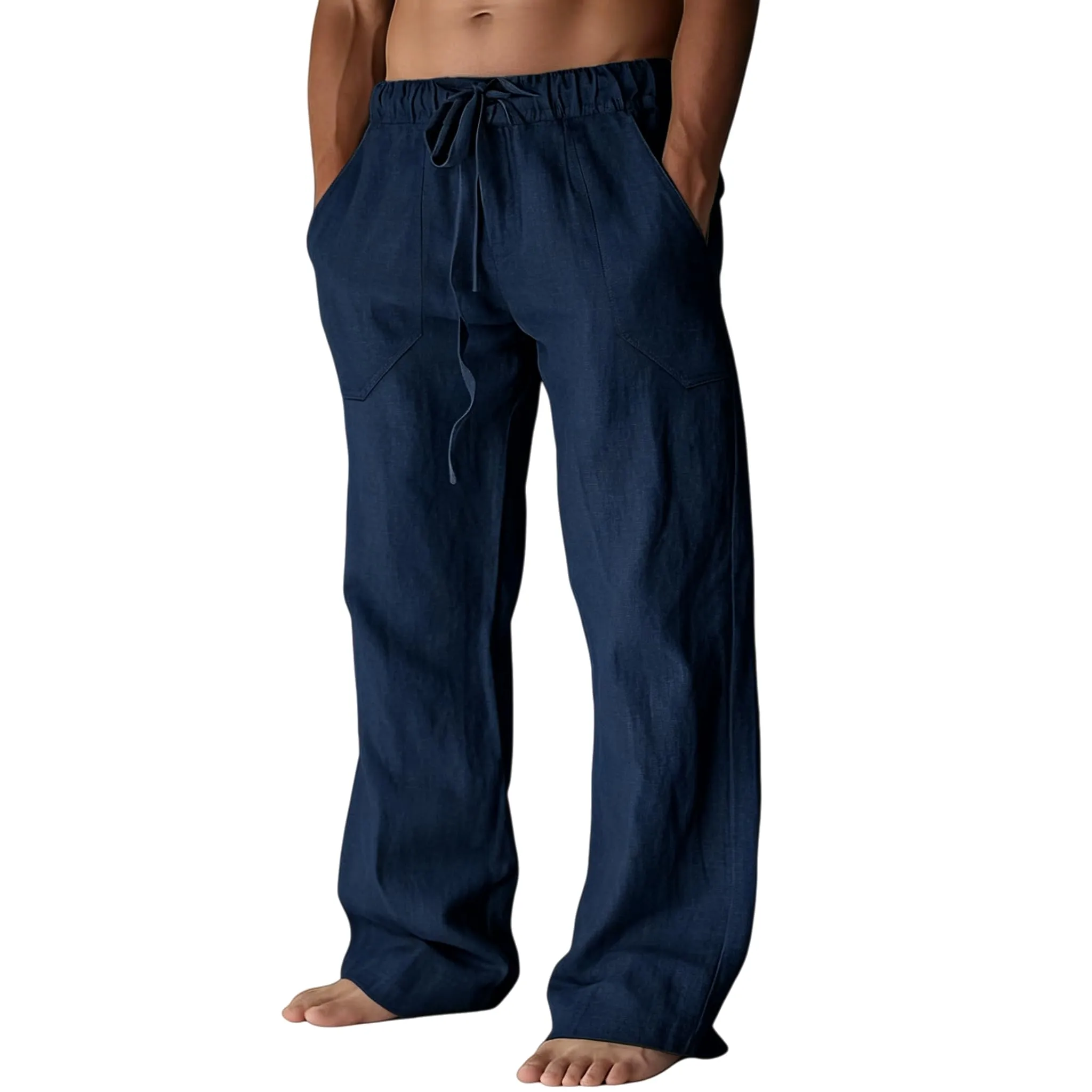 Cegerne Pantaloni in Lino Uomo Vestibilità Ampia con Coulisse, Blu Marino, L - immagine 1