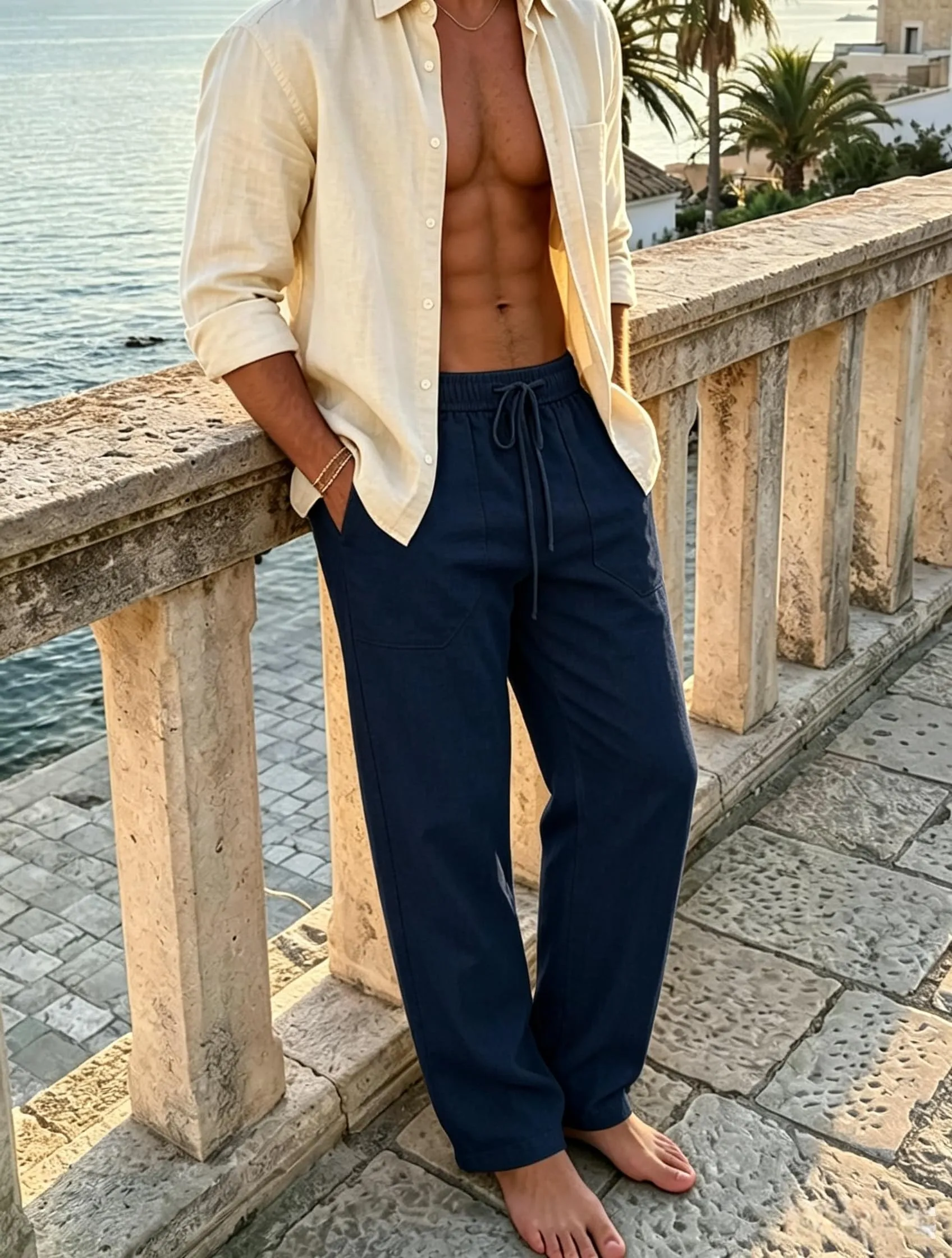 Cegerne Pantaloni in Lino Uomo Vestibilità Ampia con Coulisse, Blu Marino, L - immagine 4