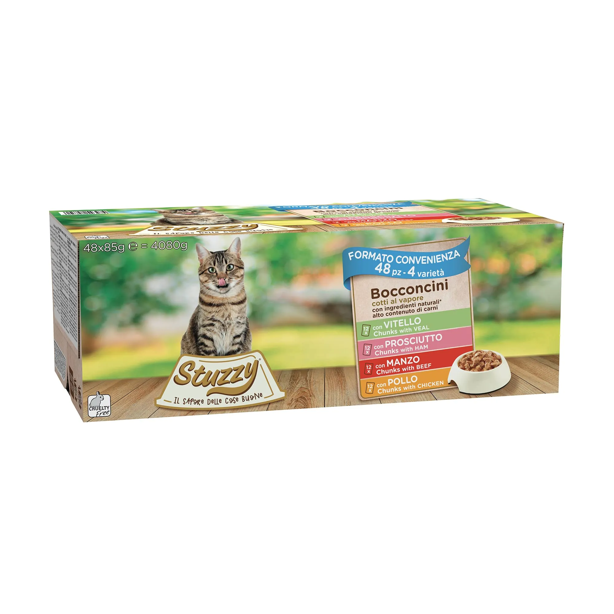 Stuzzy Cibo Umido per Gatti Adulti Bocconcini in Salsa, 4,08kg (48 Buste da 85g: Pollo, Manzo, Prosciutto, Vitello) - immagine 1