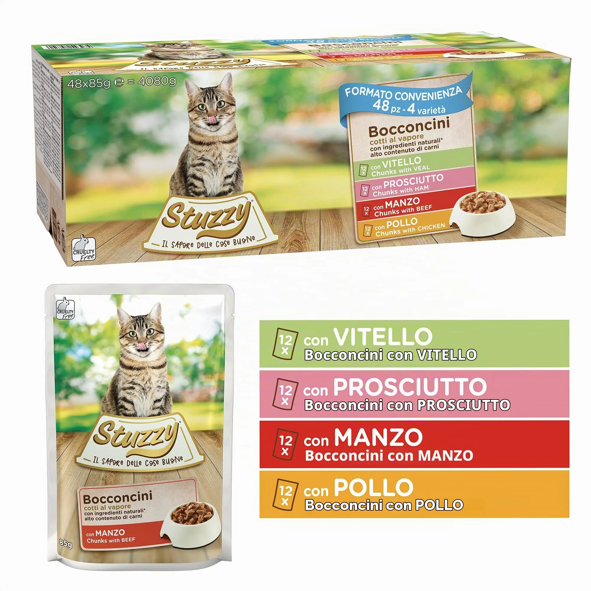 Stuzzy Cibo Umido per Gatti Adulti Bocconcini in Salsa, 4,08kg (48 Buste da 85g: Pollo, Manzo, Prosciutto, Vitello) - immagine 3