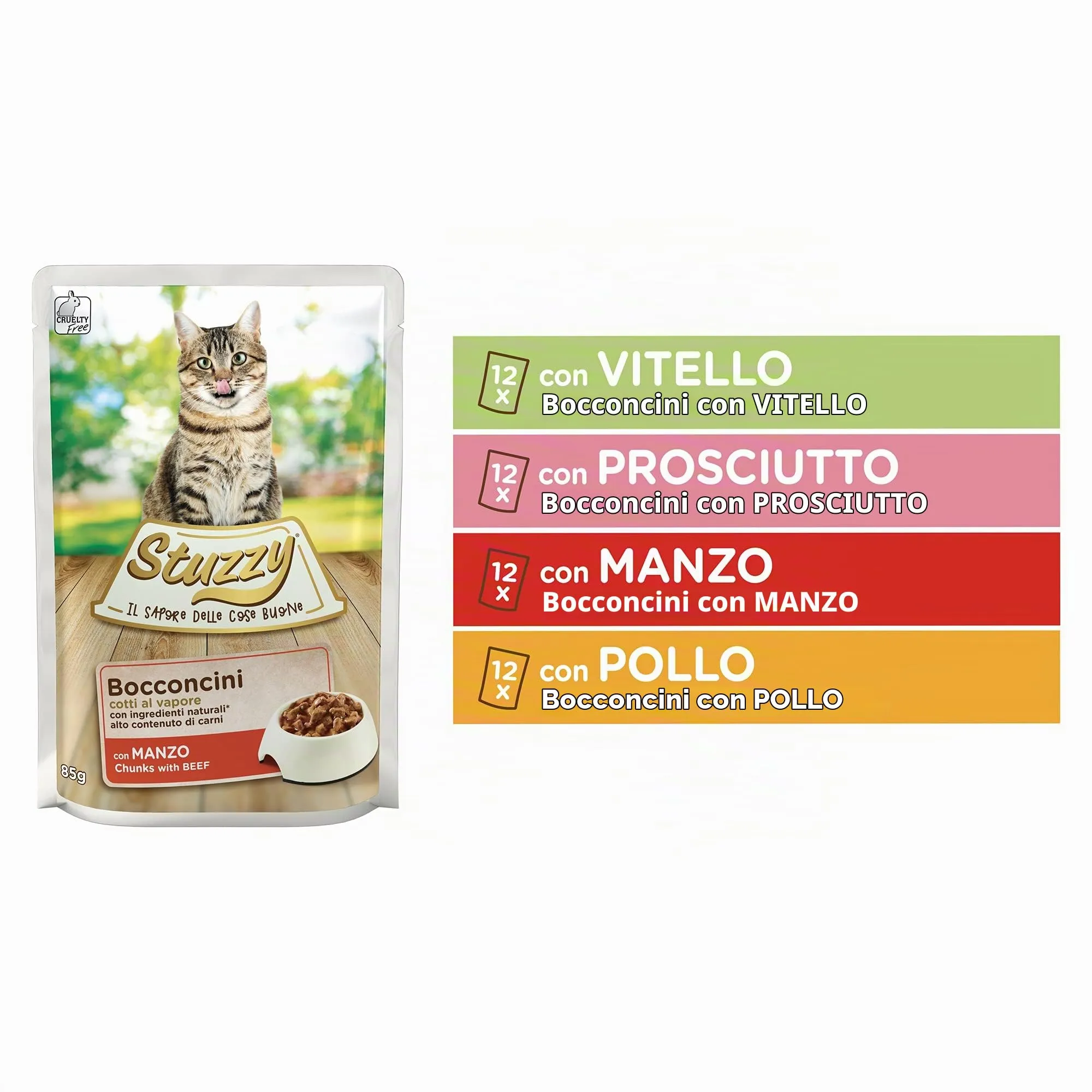 Stuzzy Cibo Umido per Gatti Adulti Bocconcini in Salsa, 4,08kg (48 Buste da 85g: Pollo, Manzo, Prosciutto, Vitello) - immagine 4