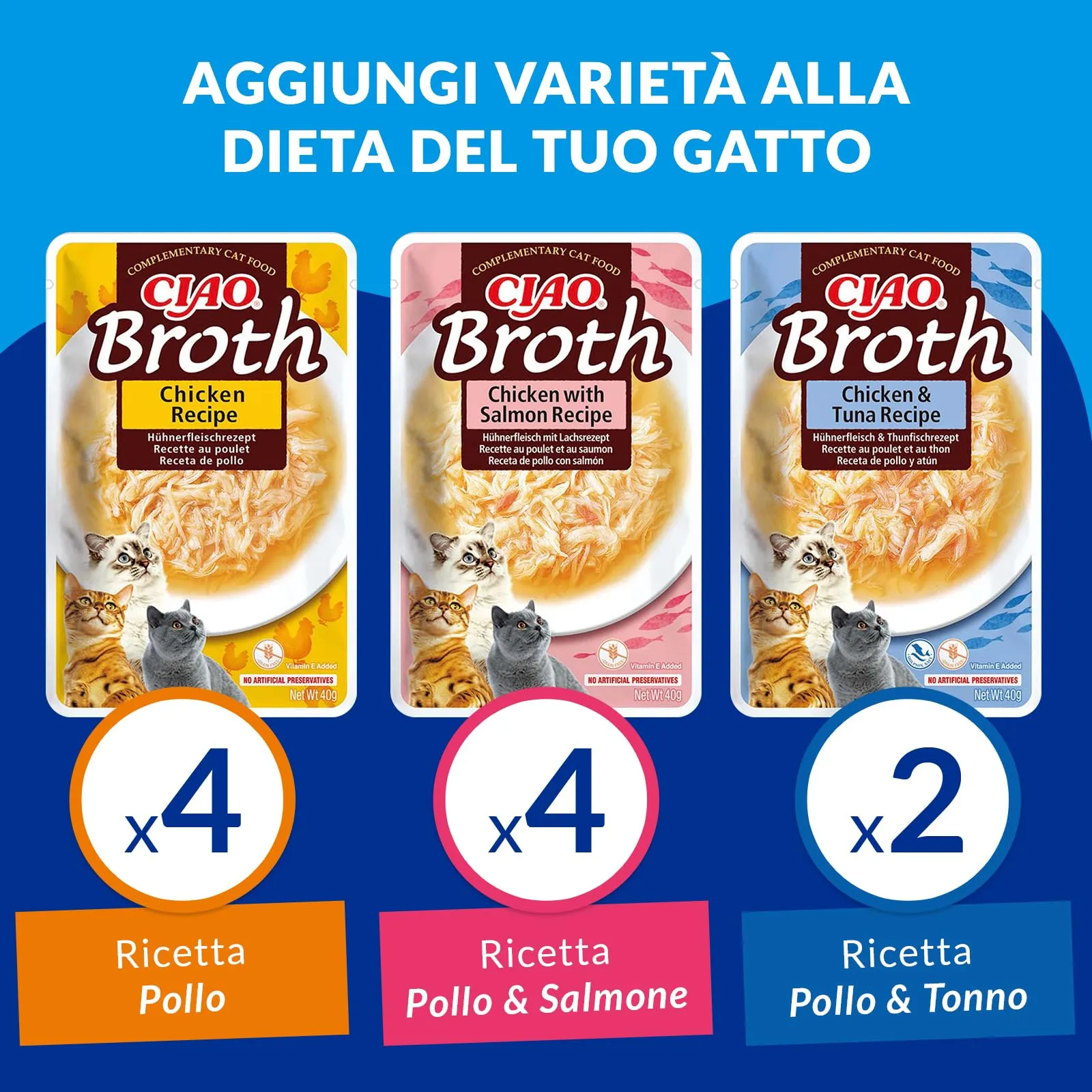 Inaba Ciao Broth Cibo Umido Multipack Pollo, Salmone e Tonno, 400g - immagine 3