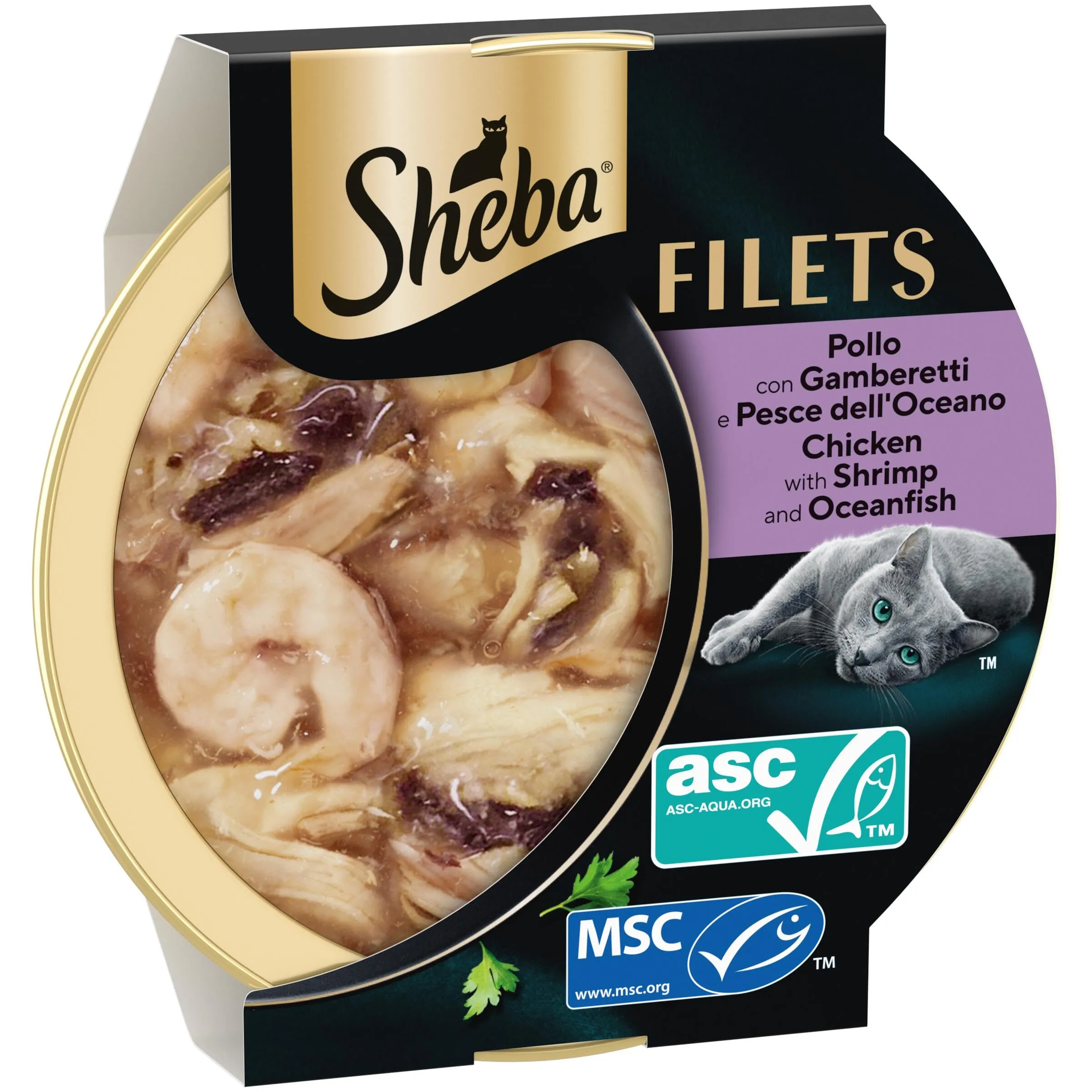 Sheba Filets Cibo Umido per Gatti Adulti Pollo, Pesce Oceano e Gamberetti in Salsa, 32 Vaschette da 60 g - immagine 2