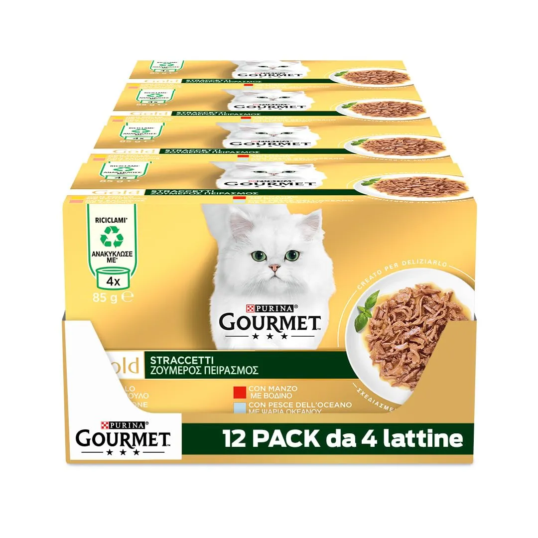 Gourmet Gold Cibo Umido per Gatti Adulti Straccetti Manzo, Pollo, Pesce dell'Oceano e Salmone, 48 Lattine da 85g - immagine 1