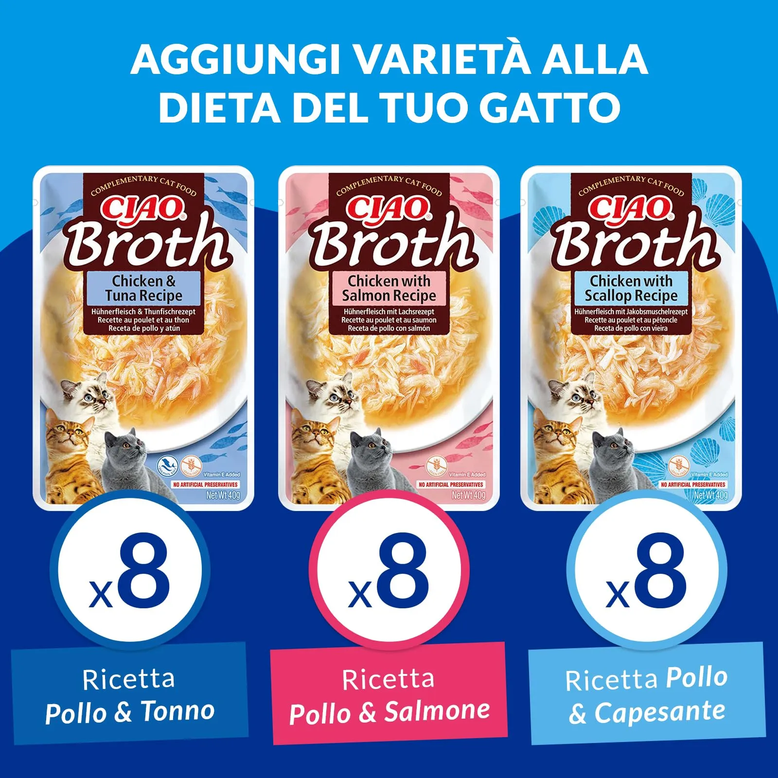 Inaba Ciao Broth Multipack Pollo, Salmone, Tonno e Capesante, 960g - immagine 3
