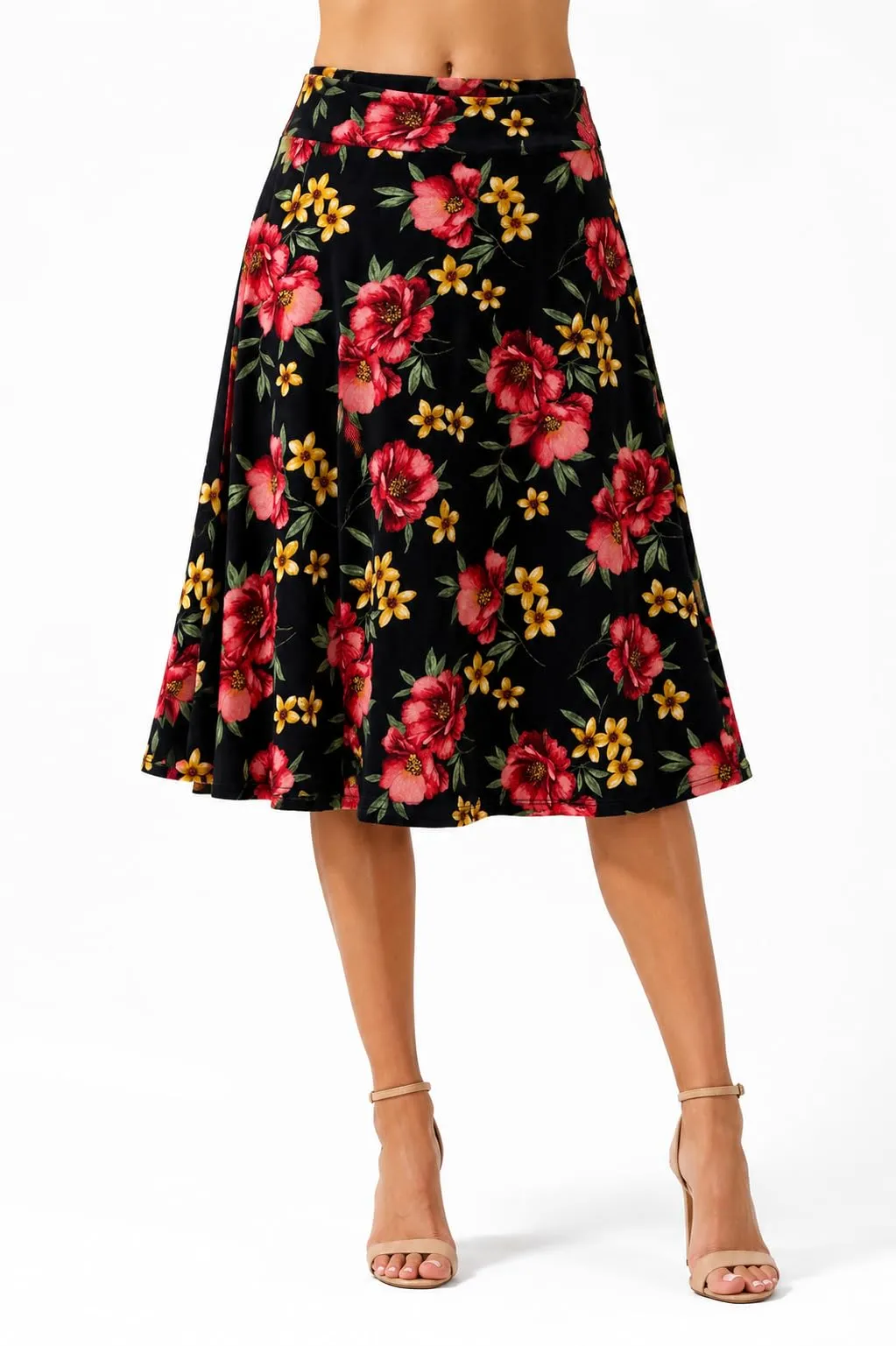 Van Der Rich Gonna Floreale con Elastico in Vita Donna, Nero Fiore 9, S-M - immagine 3