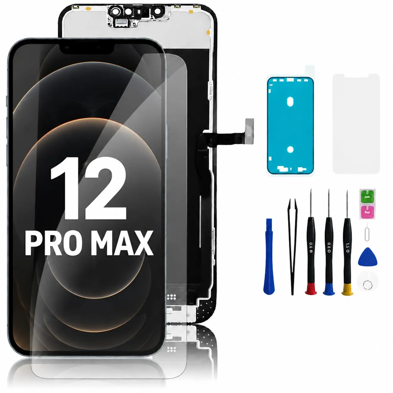 Hoonyer Display di Ricambio per iPhone 12 Pro Max, Schermo LCD 3D Touch con Cornice, Strumenti di Riparazione e Protezione Schermo - immagine 1