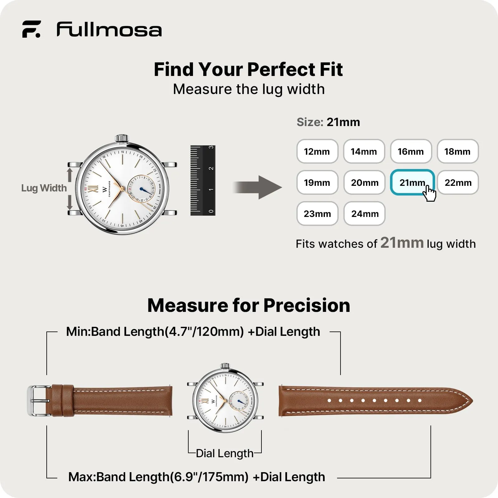 Fullmosa Cinturino Orologio 21mm in Pelle Sgancio Rapido, Marrone - immagine 5