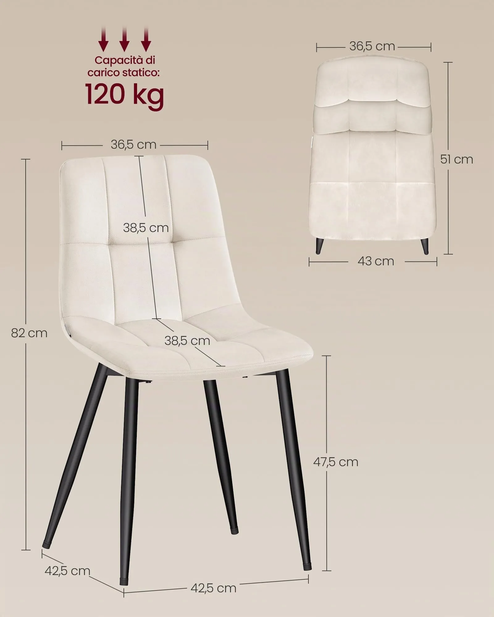 VASAGLE Sedie da Pranzo in Velluto, Set di 2, Beige - immagine 3