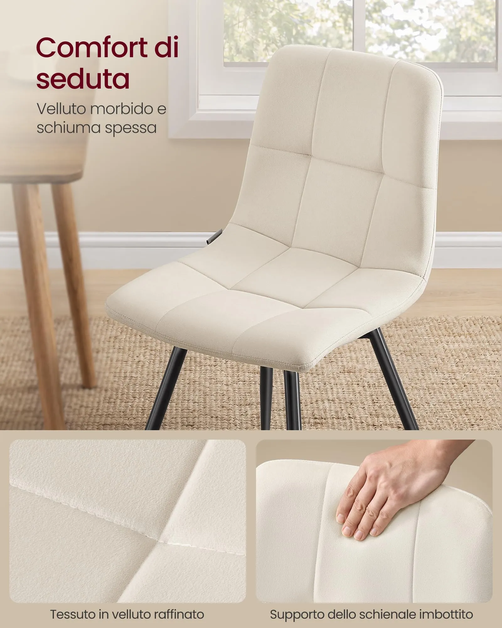 VASAGLE Sedie da Pranzo in Velluto, Set di 2, Beige - immagine 4