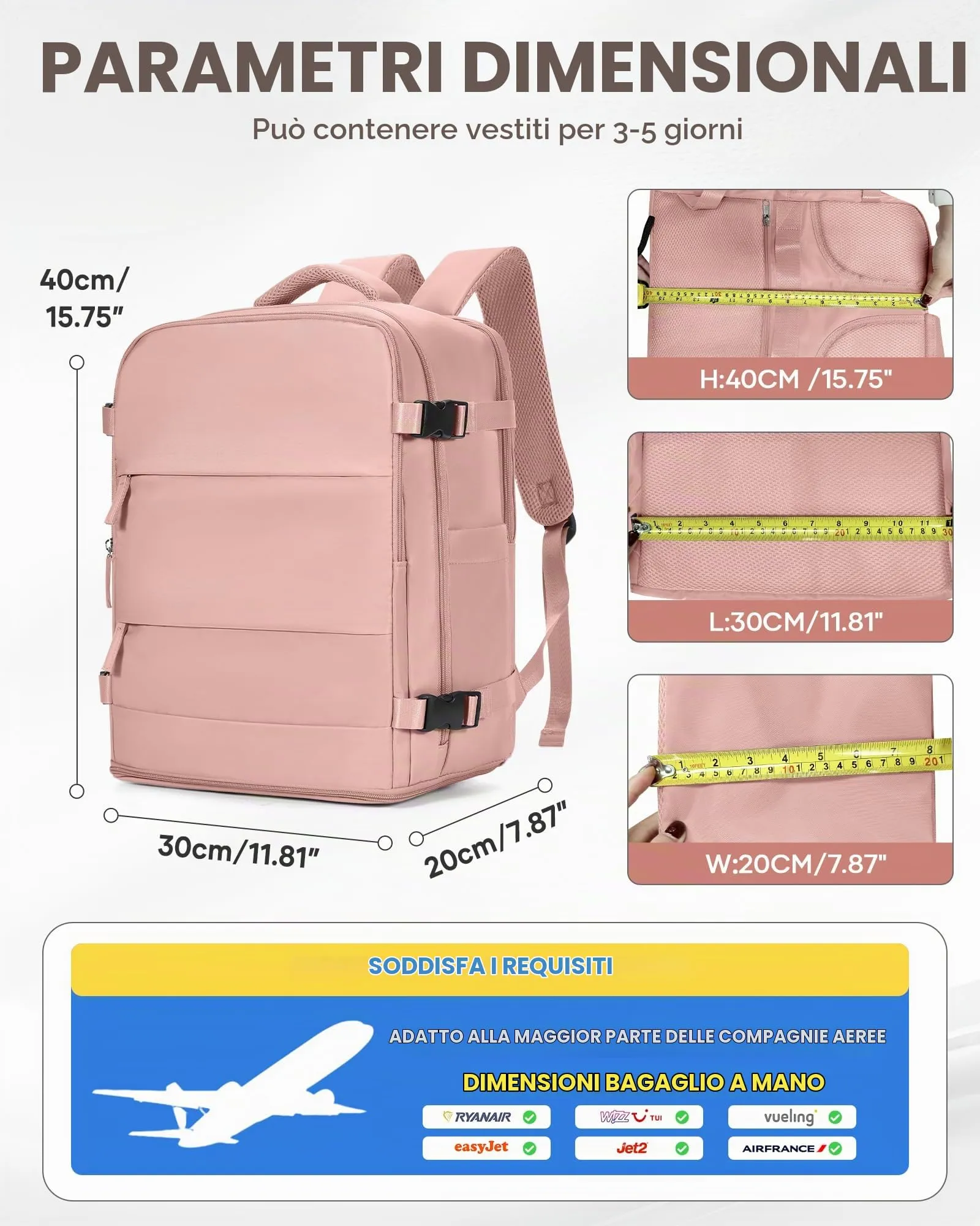 BJLFS Borse da Cabina per Ryanair 40x30x20 Bagaglio a Mano Donna Uomo - immagine 3