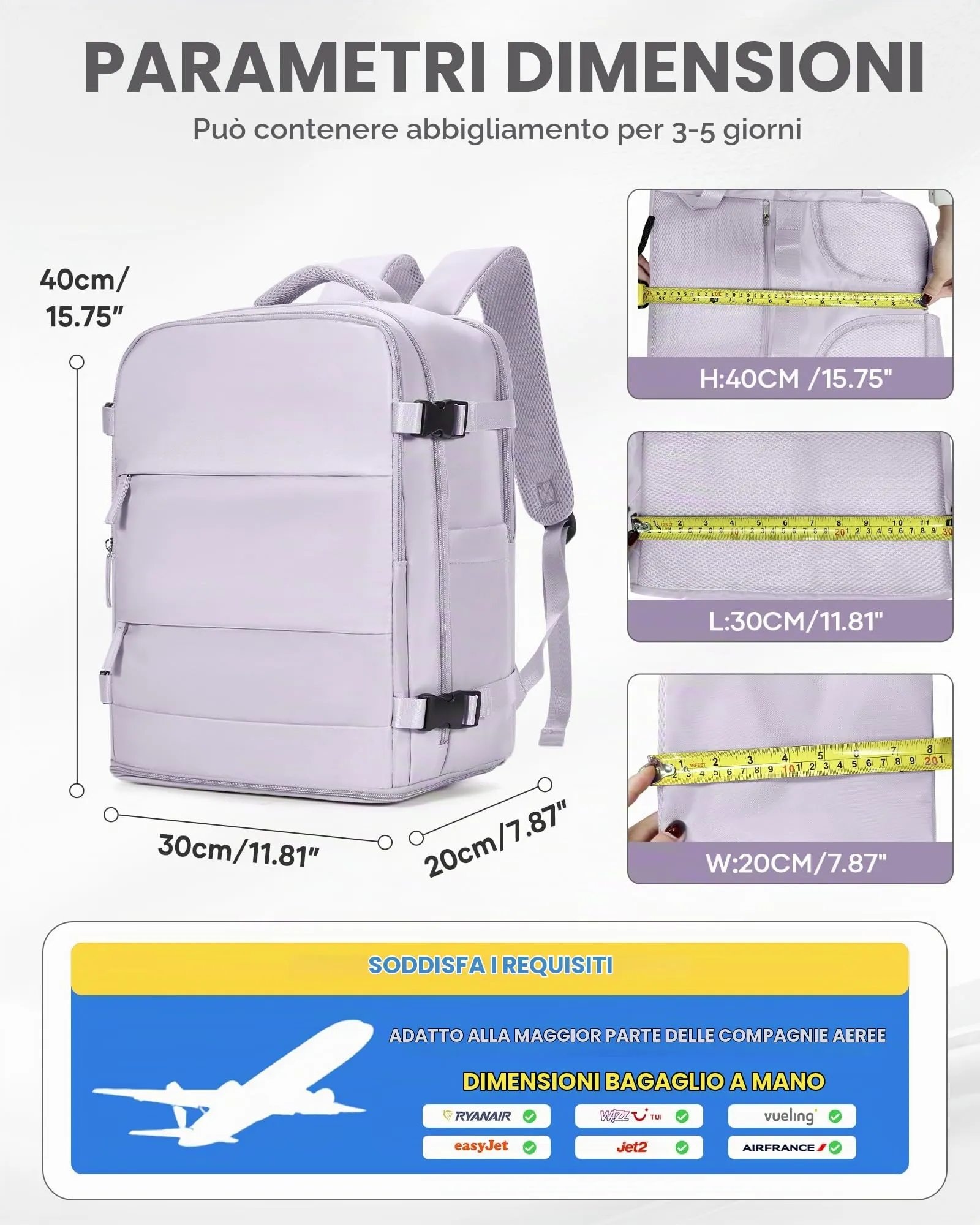 BJLFS Borse da Cabina per Ryanair 40x30x20 Bagaglio a Mano Donna Uomo - immagine 3