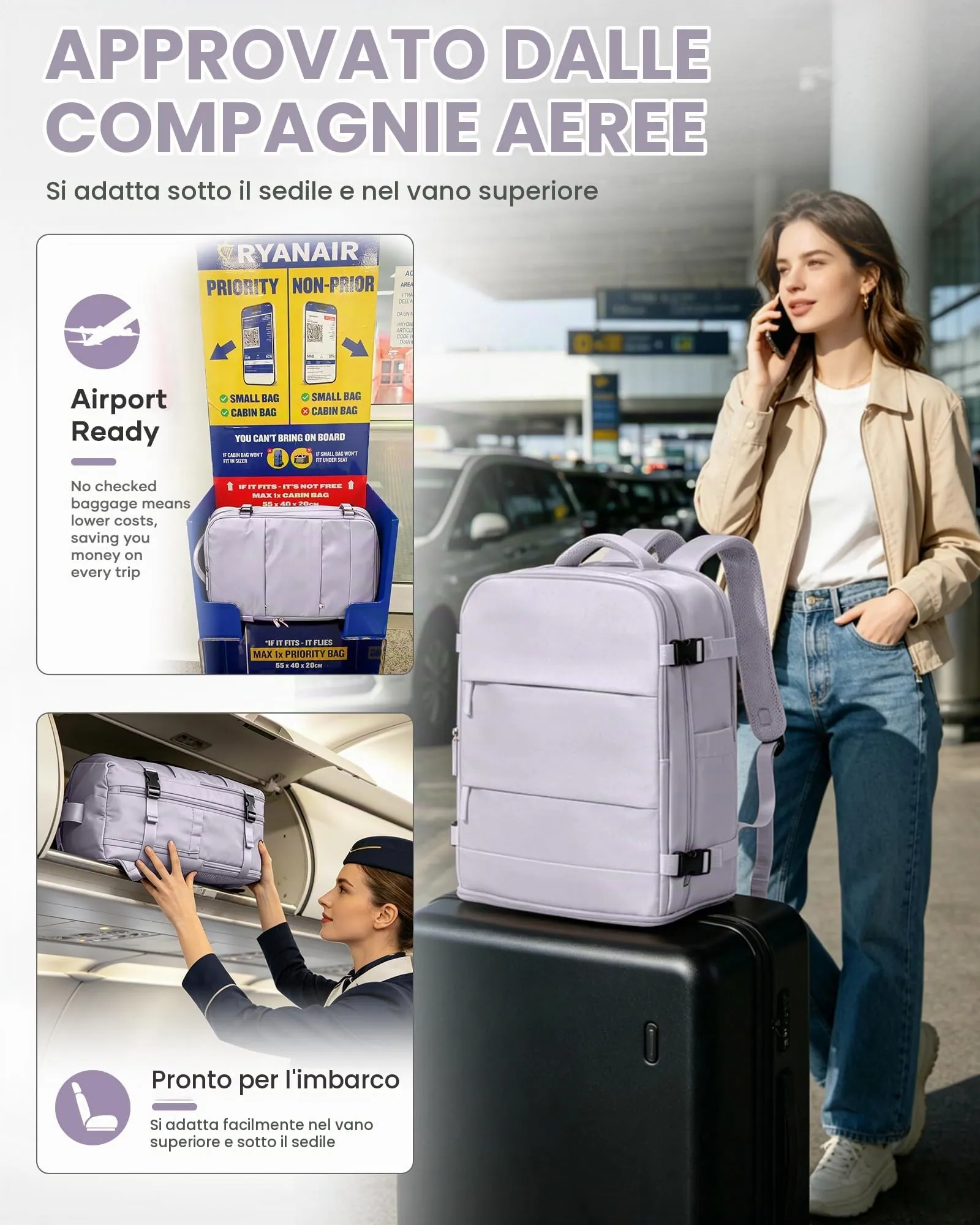 BJLFS Borse da Cabina per Ryanair 40x30x20 Bagaglio a Mano Donna Uomo - immagine 4
