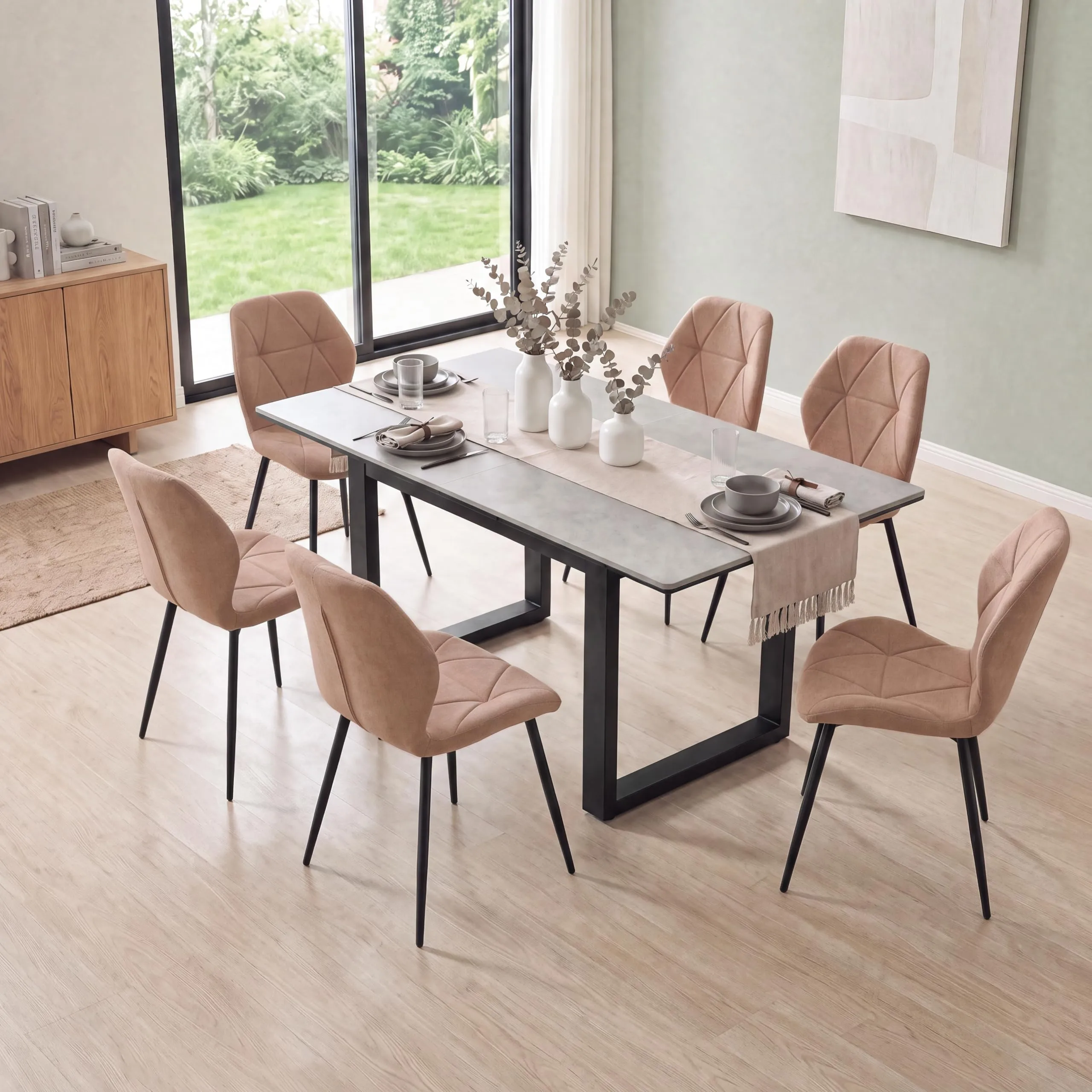 GrandCA HOME Set di 6 Sedie da Pranzo Imbottite in Tessuto a Rombi, Gambe in Metallo, Kaki - immagine 9