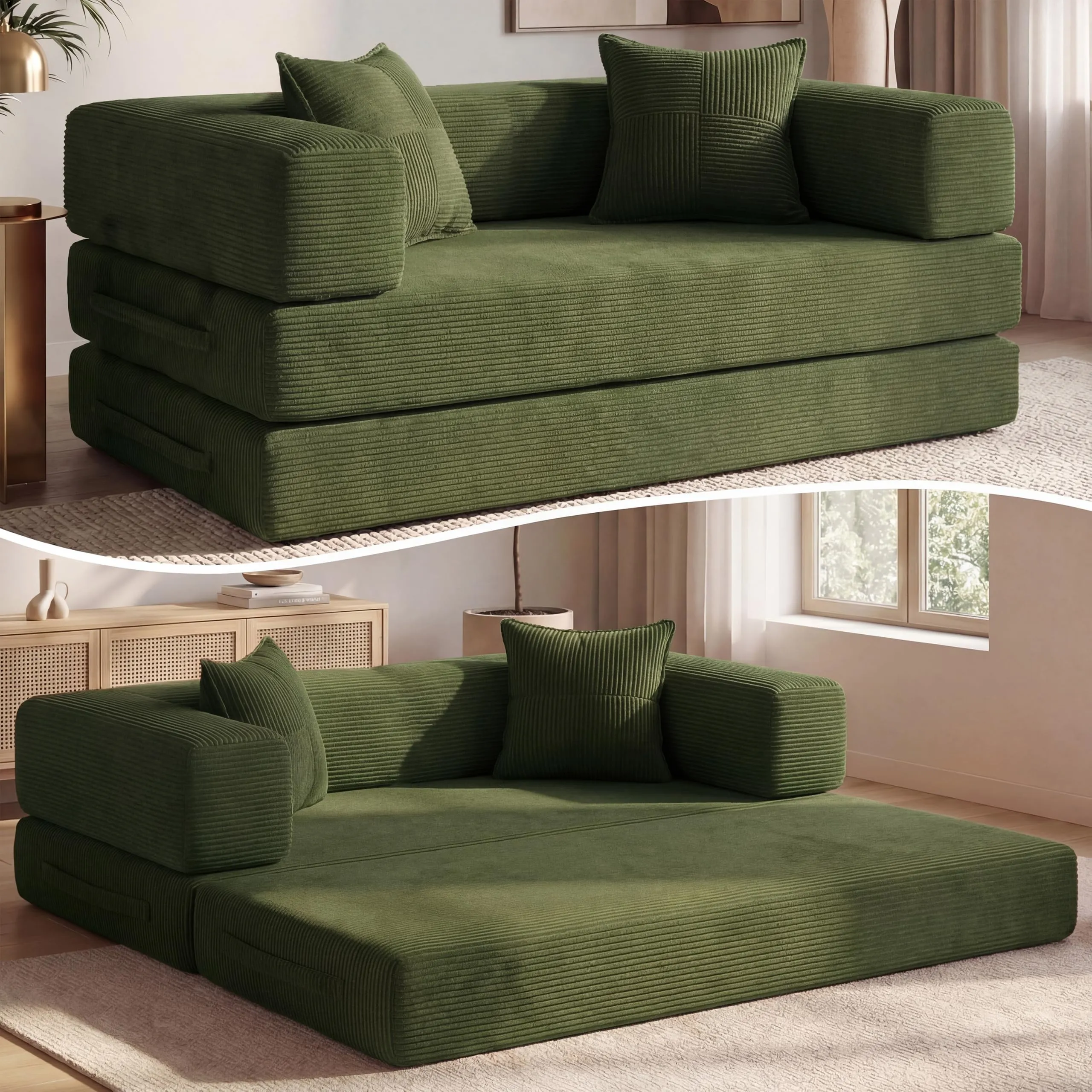 Vipbear Divano a terra convertibile 5-in-1, divano-letto in velluto a coste, 160×90×70 cm, verde - immagine 1