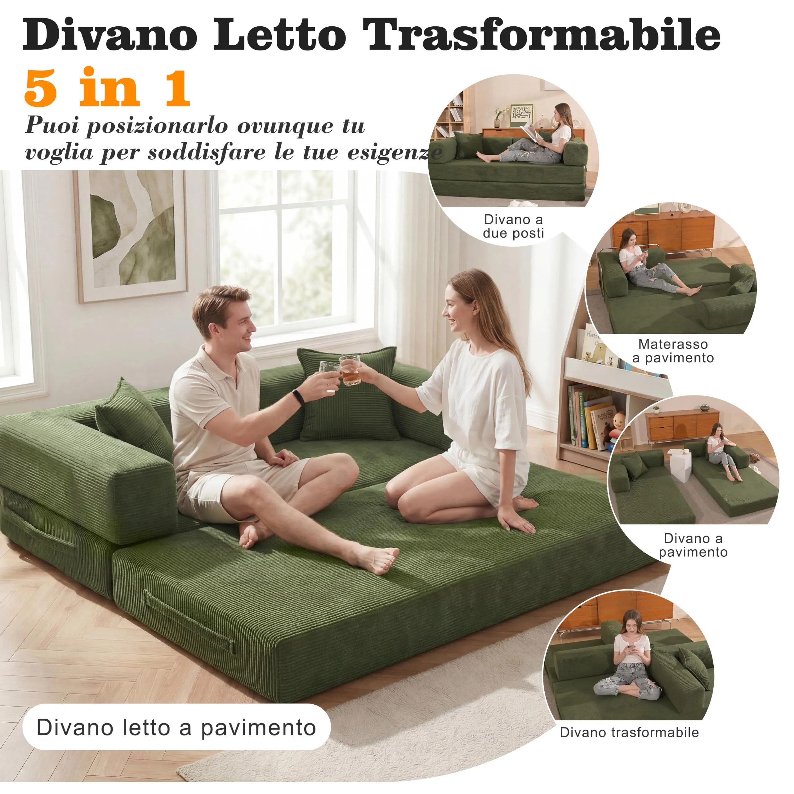 Vipbear Divano a terra convertibile 5-in-1, divano-letto in velluto a coste, 160×90×70 cm, verde - immagine 3
