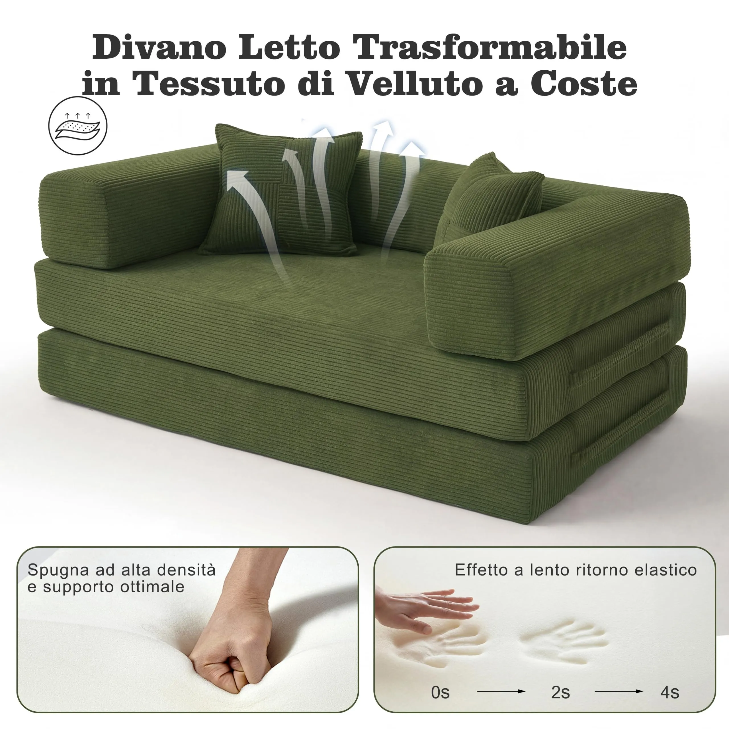Vipbear Divano a terra convertibile 5-in-1, divano-letto in velluto a coste, 160×90×70 cm, verde - immagine 5
