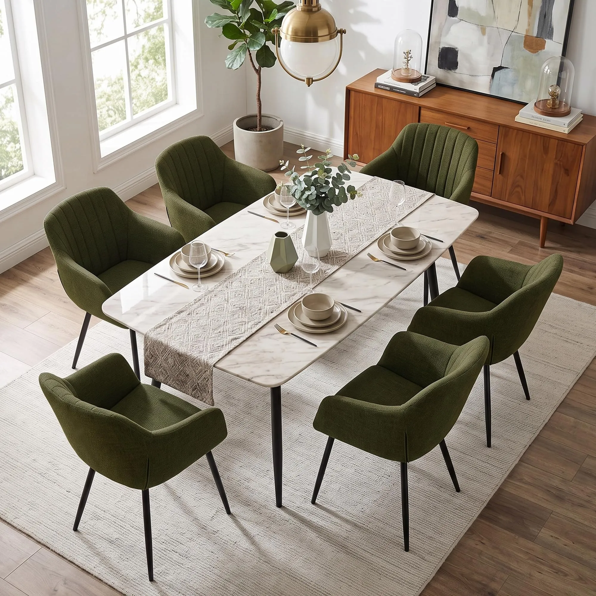 Goeurvant Set di 6 Sedie da Pranzo con Braccioli, Poltroncina Imbottita in Lino, Gambe in Metallo, Verde Oliva - immagine 2