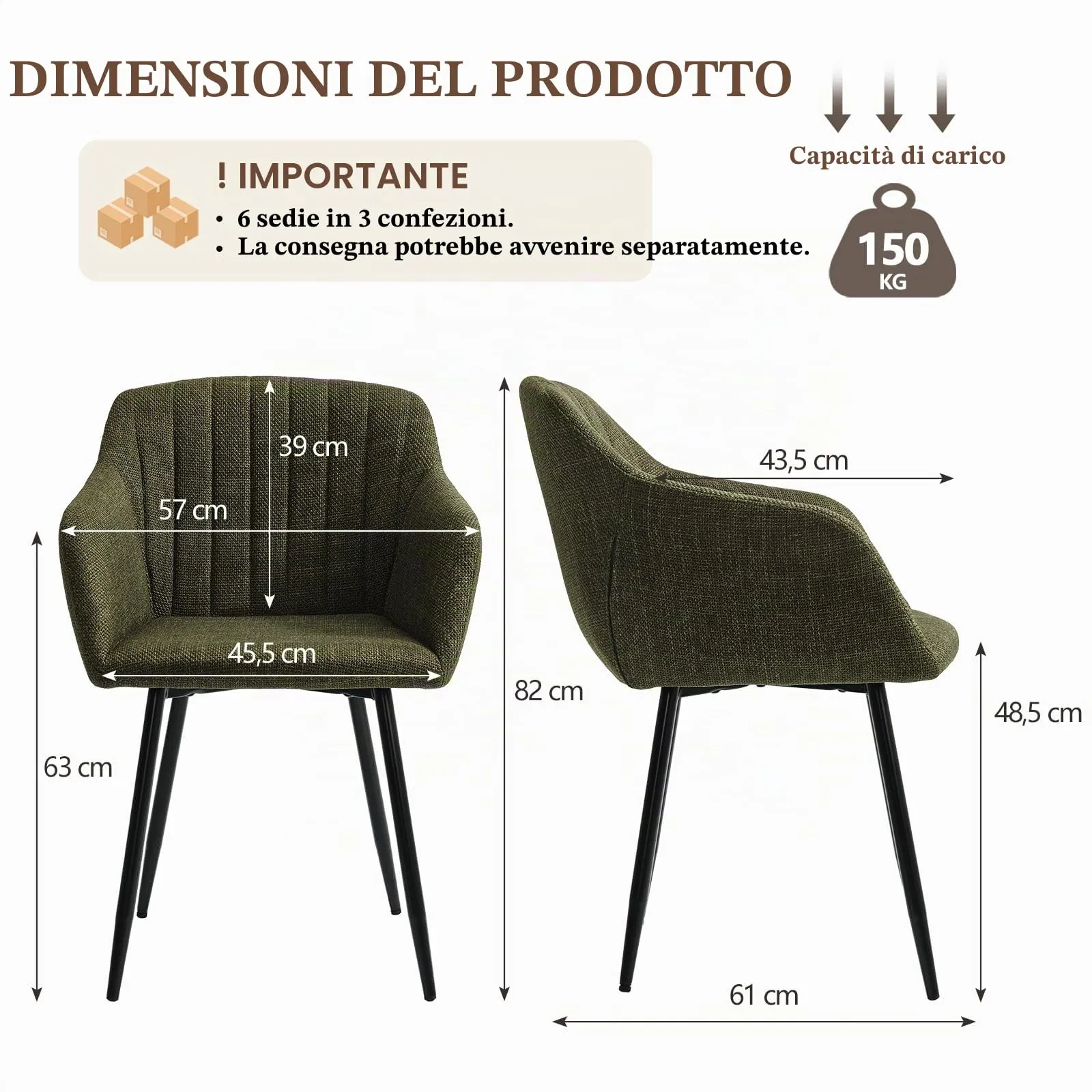 Goeurvant Set di 6 Sedie da Pranzo con Braccioli, Poltroncina Imbottita in Lino, Gambe in Metallo, Verde Oliva - immagine 3